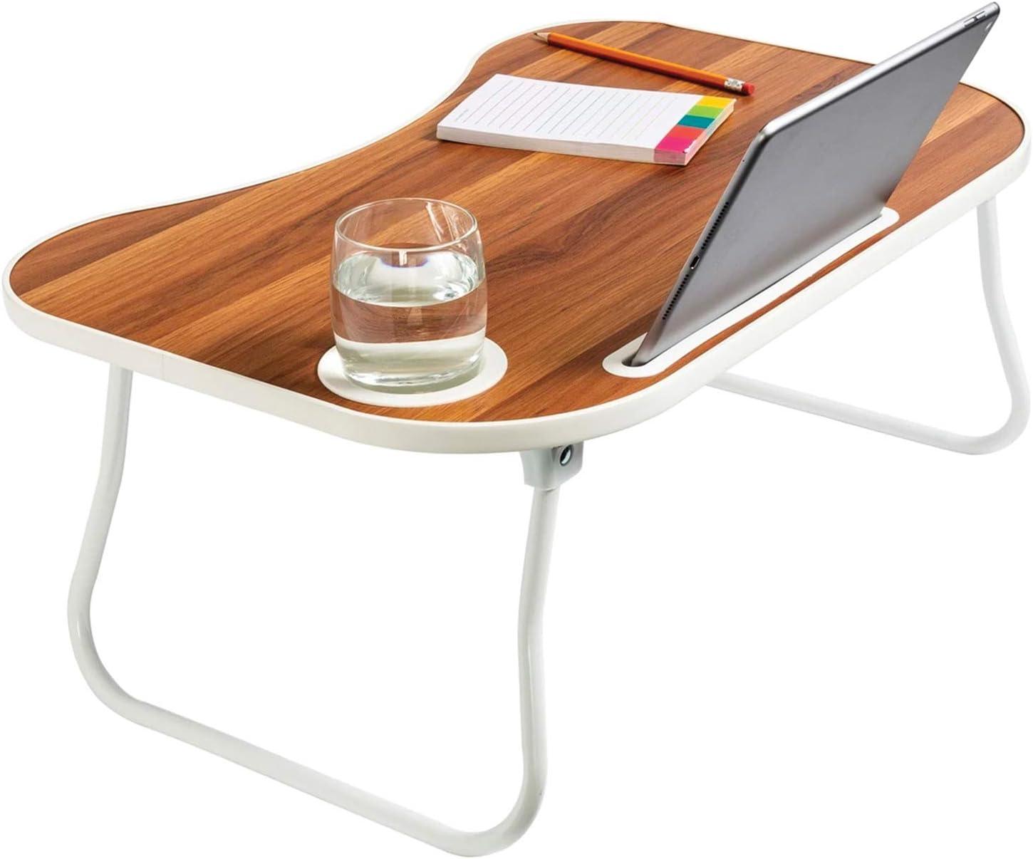 Honey-Can-Do Escritorio Plegable con Portavasos, Blanco/nogal Sintético