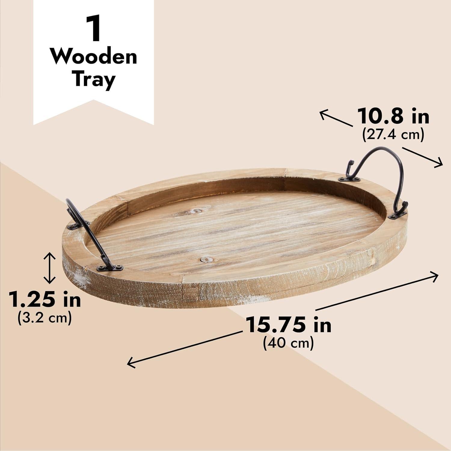 Rustic Oval Wooden Serving Tray with Black Handles