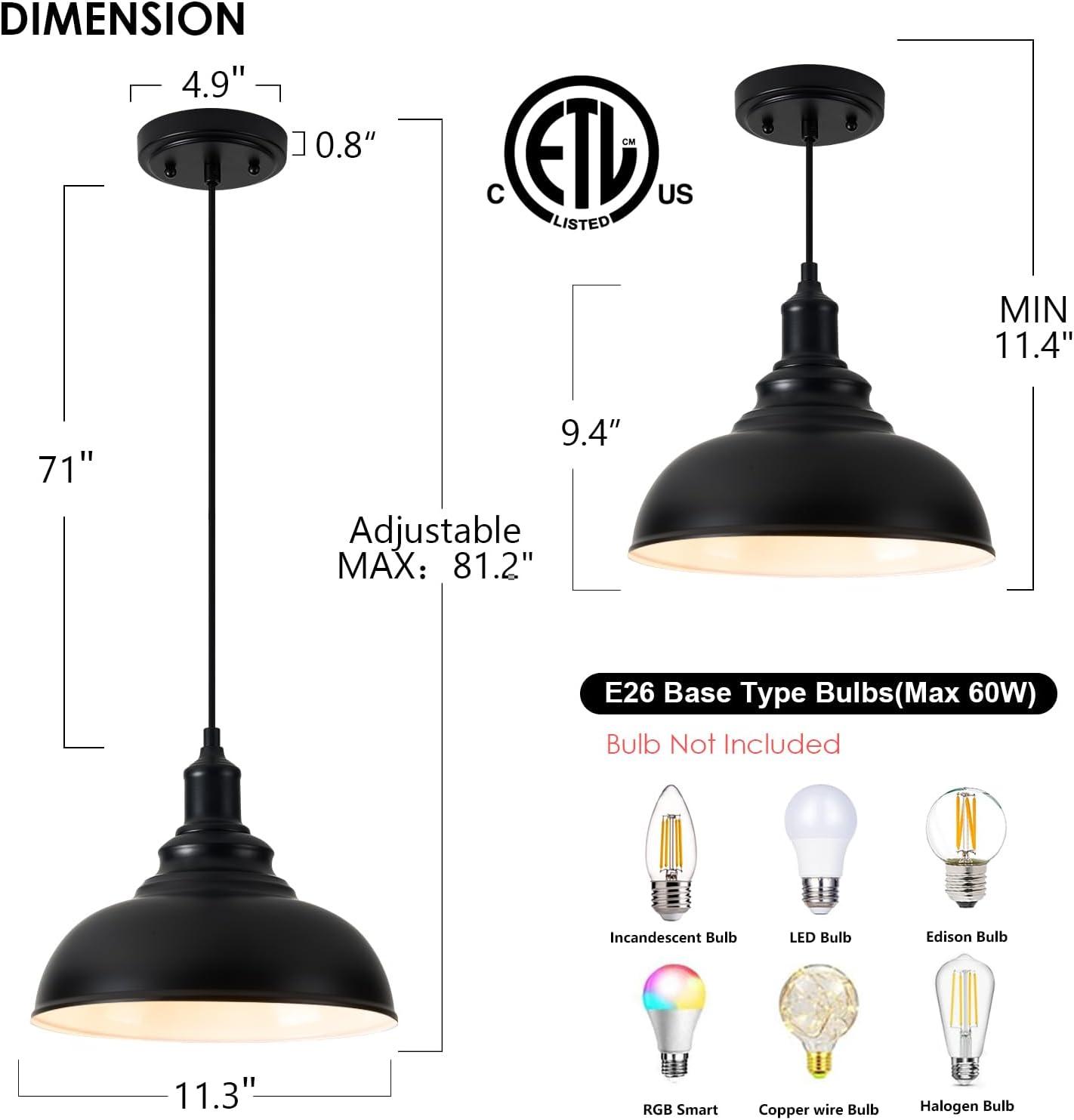 KAYYELAMP 3-Pack Black Metal Shade Hanging Light E26 Black Base Adjustable Height Droplight Retro Design Pendant Light for Kitchen Island Sink Home