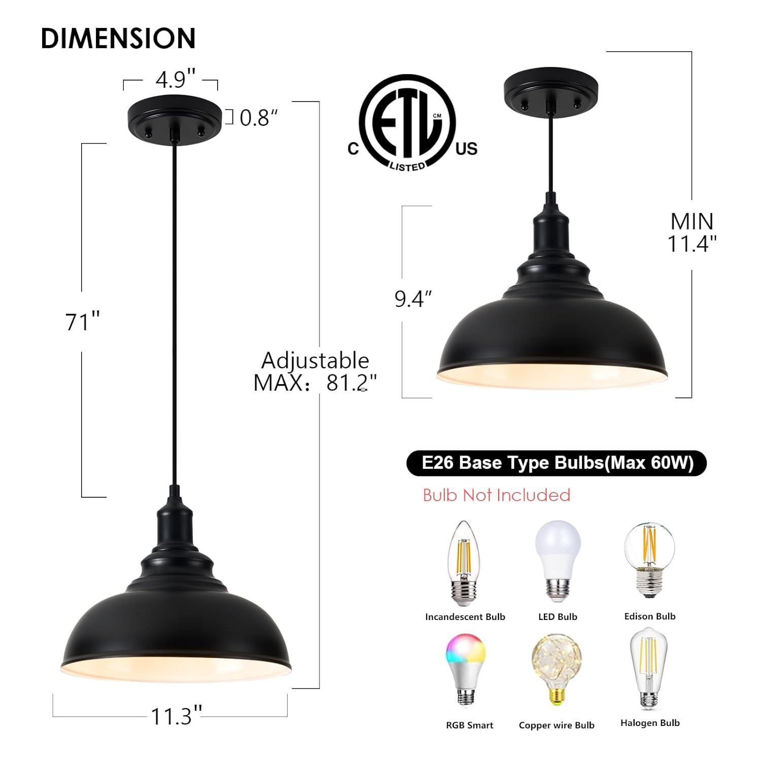 KAYYELAMP 3-Pack Black Metal Shade Hanging Light E26 Black Base Adjustable Height Droplight Retro Design Pendant Light for Kitchen Island Sink Home