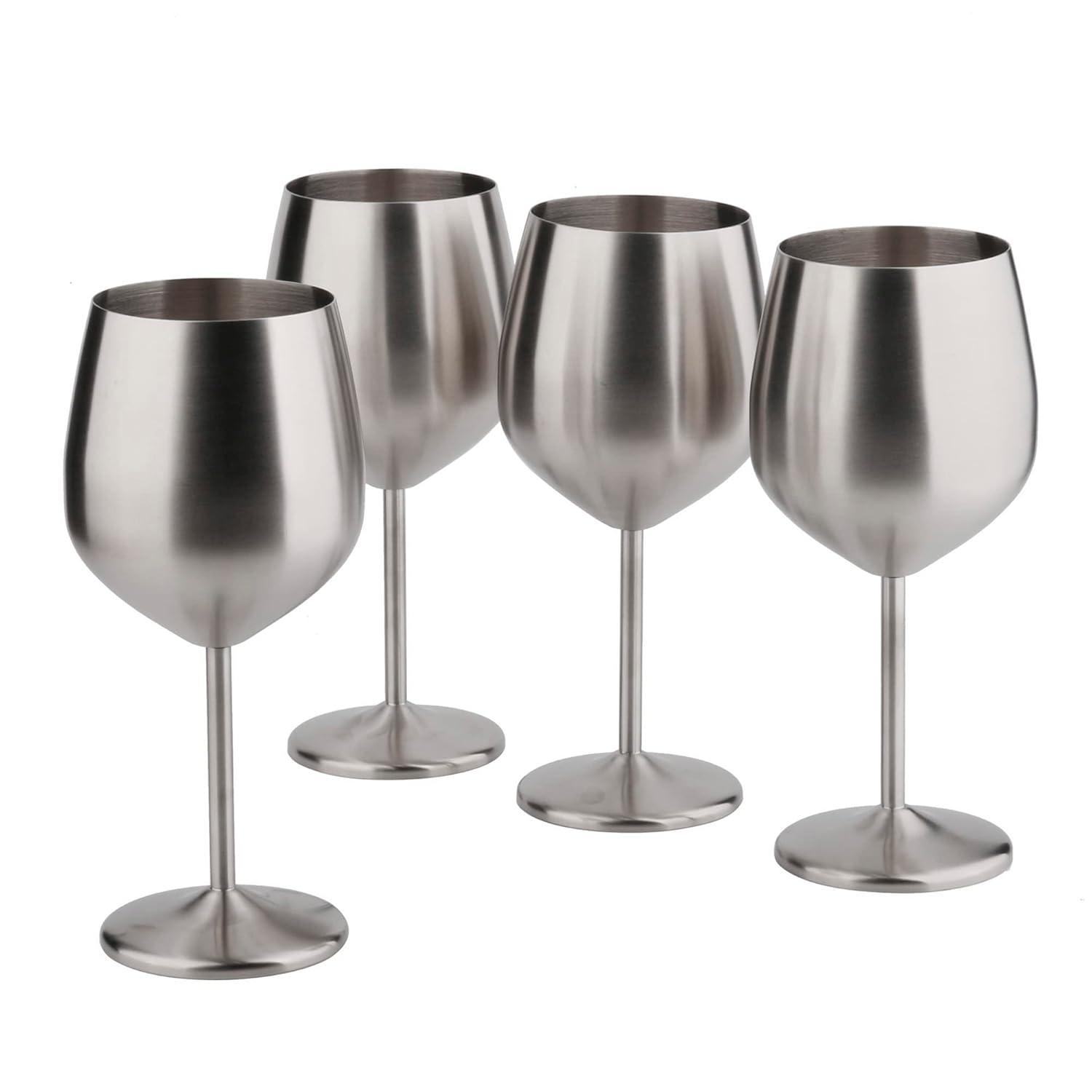 Stainless Steel Wine Glass 18oz - Set of 4 Matte Silver - 3.6" D x 8.3" H, Large (851005)
