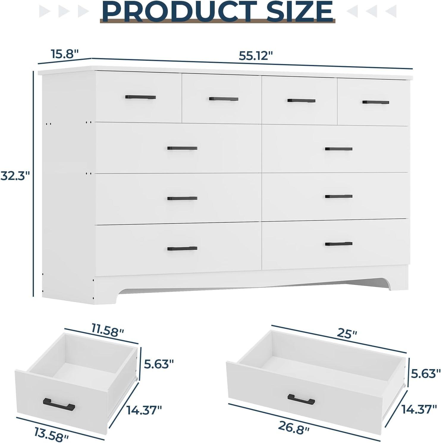 10 Drawers Dresser for Bedroom, Chest of Drawers with Charging Station, Bedroom Storage Organizer, White