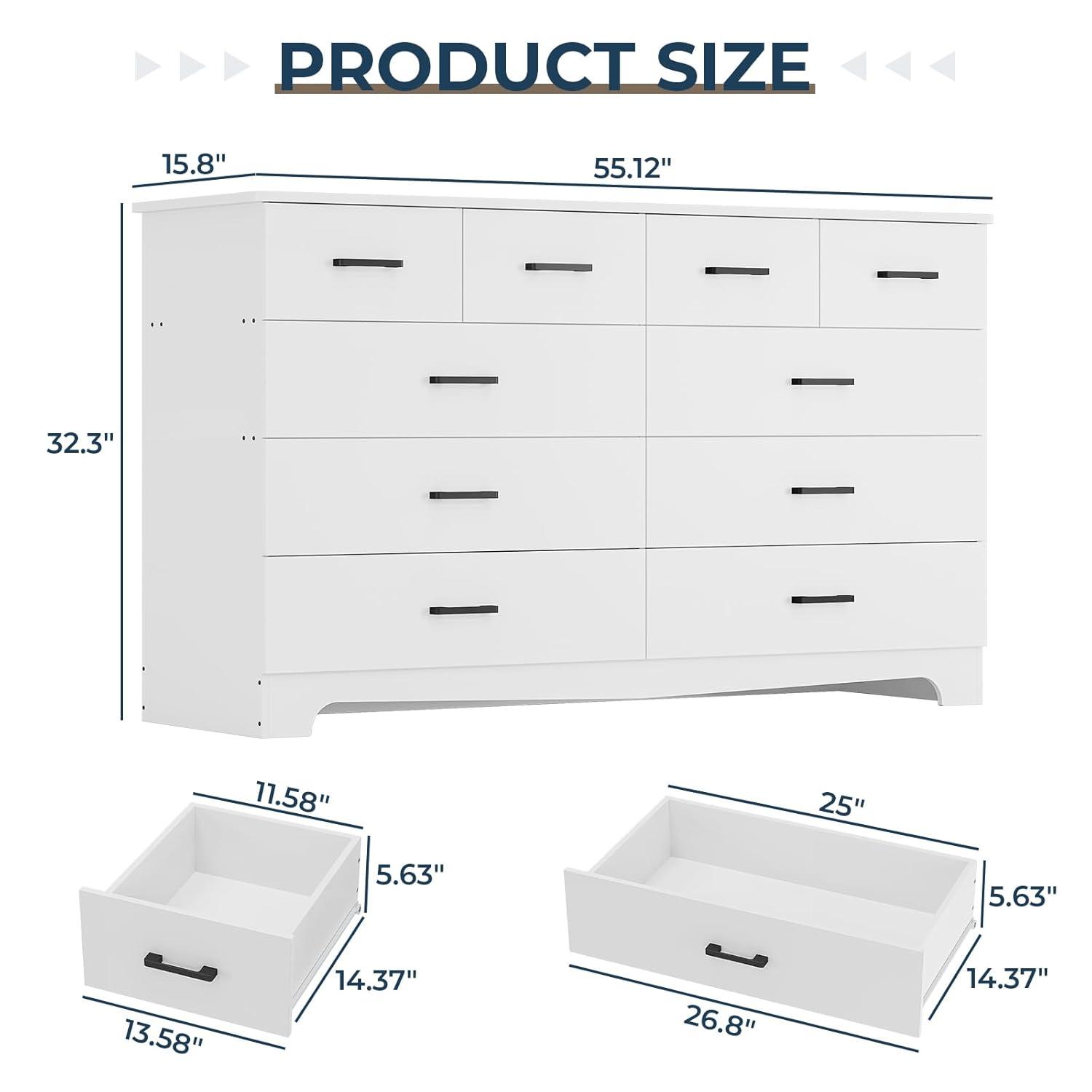 10 Drawers Dresser for Bedroom, Chest of Drawers with Charging Station, Bedroom Storage Organizer, White