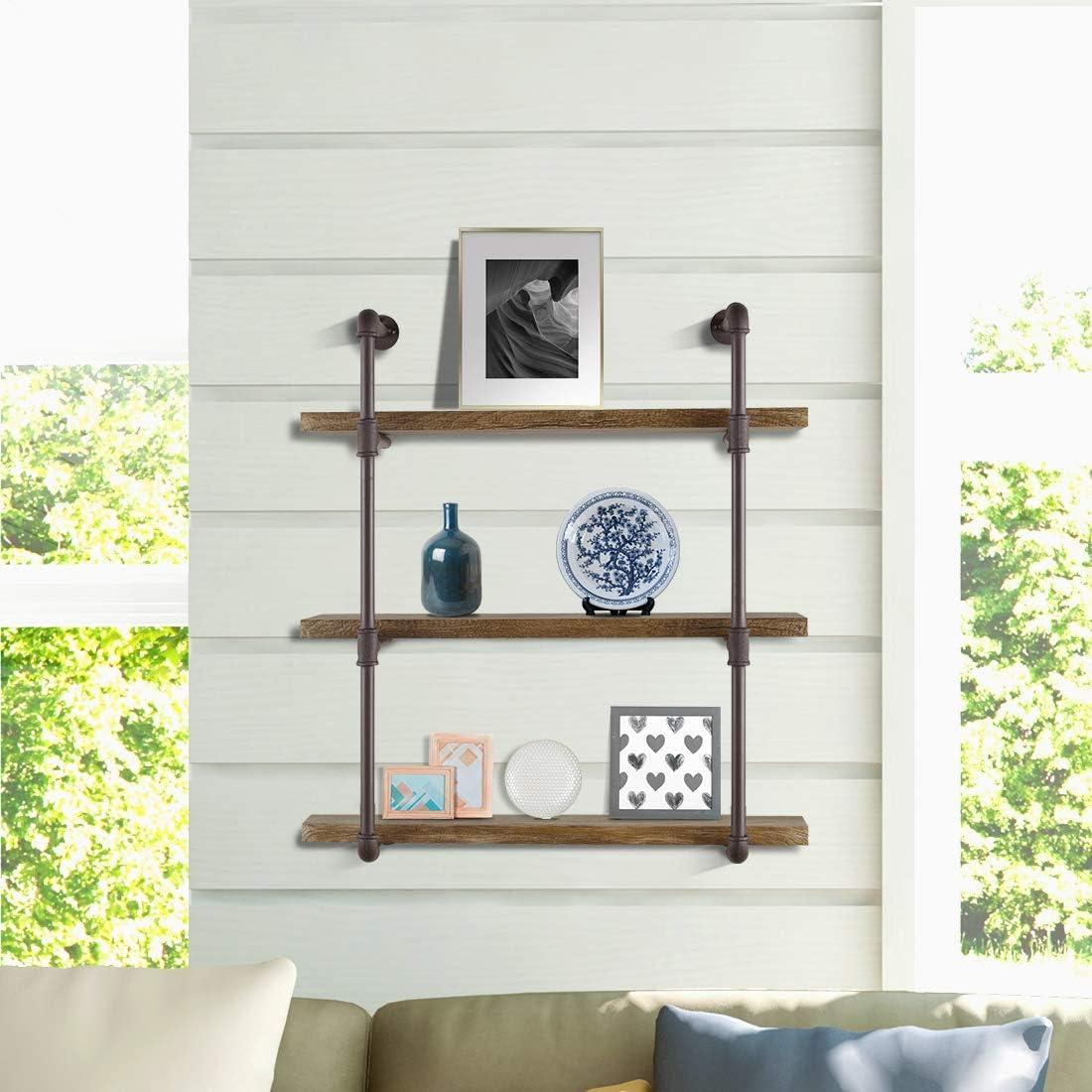 Danya B. 35" x 31.5" Three Tier Industrial Pipe Wall Shelf Natural: Laminated, Metal Frame, 90lb Capacity