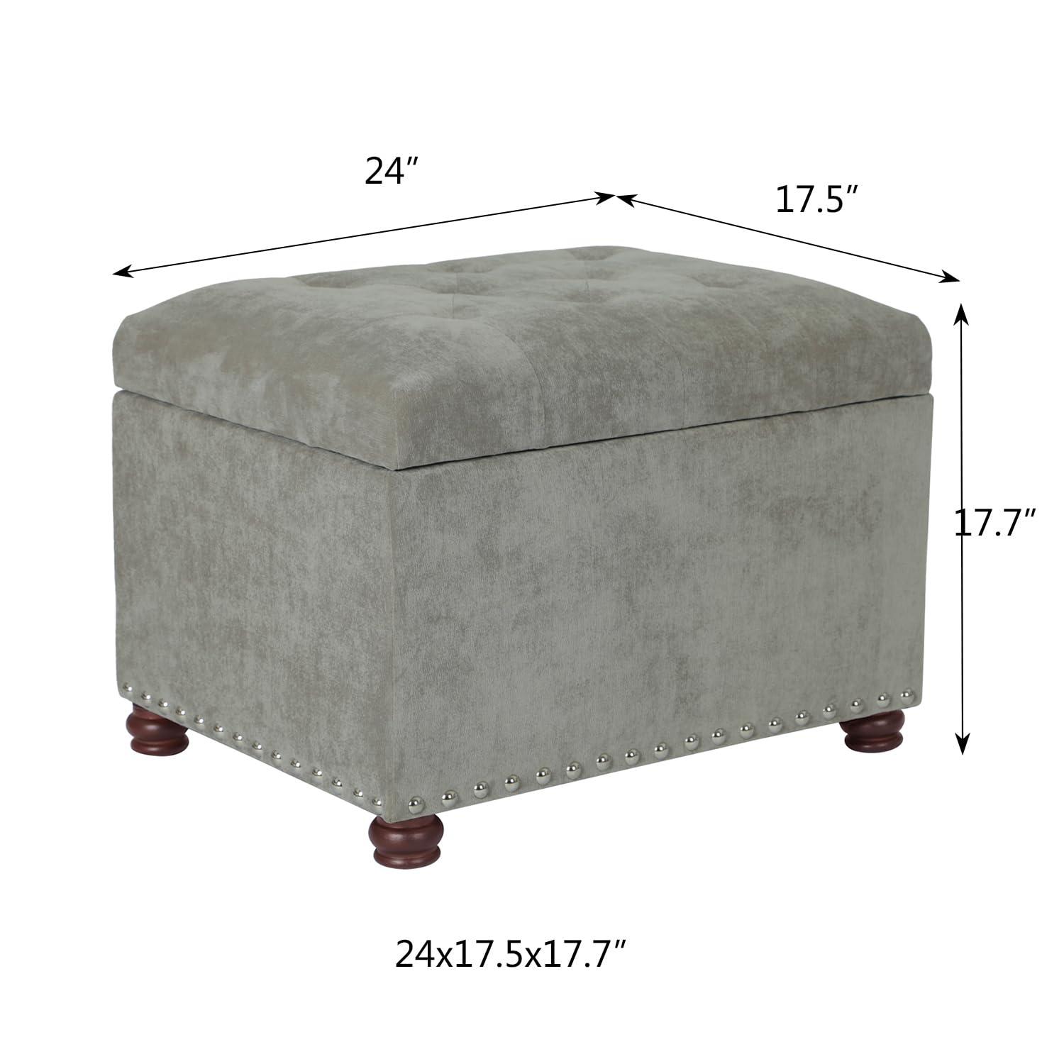 Light Grey Tufted Fabric Storage Ottoman Bench with Nailhead Trim