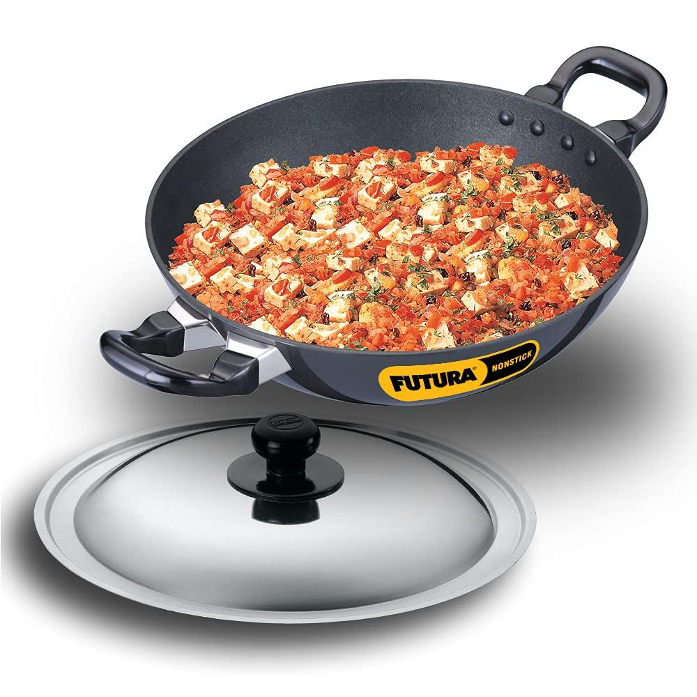 Hawkins Futura 2.5L Kadhai Fry Pan with Steel Lid: Anodized Aluminum, Gas Compatible, Hand Wash, 2-Piece Set