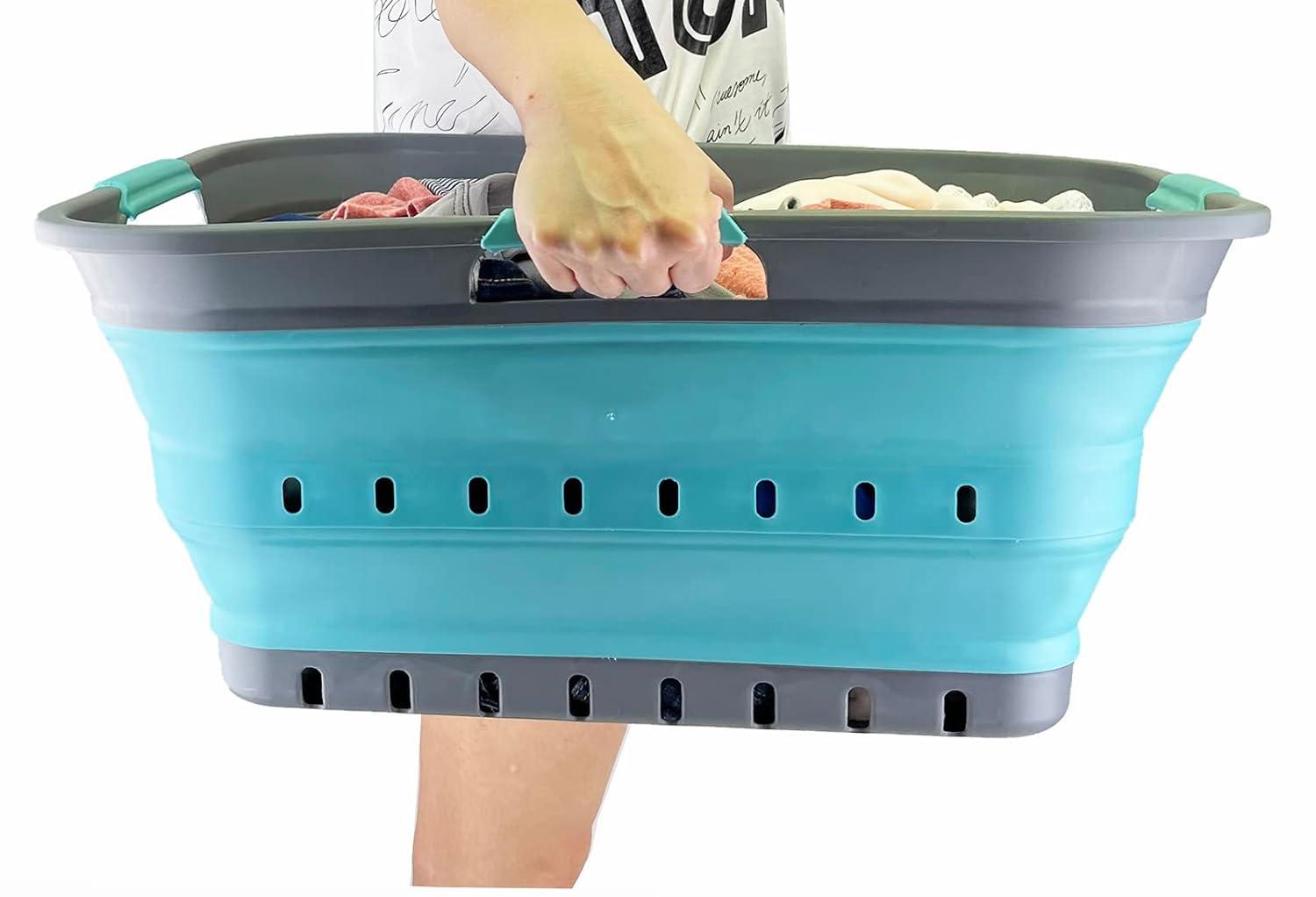 SAMMART 42L (11 gallon) Set of 2 Collapsible Laundry Basket - Foldable Pop Up Storage Container/Organizer - Portable Basket - Space Saving Hamper/Basket (Alloy Grey + Crystal Blue)