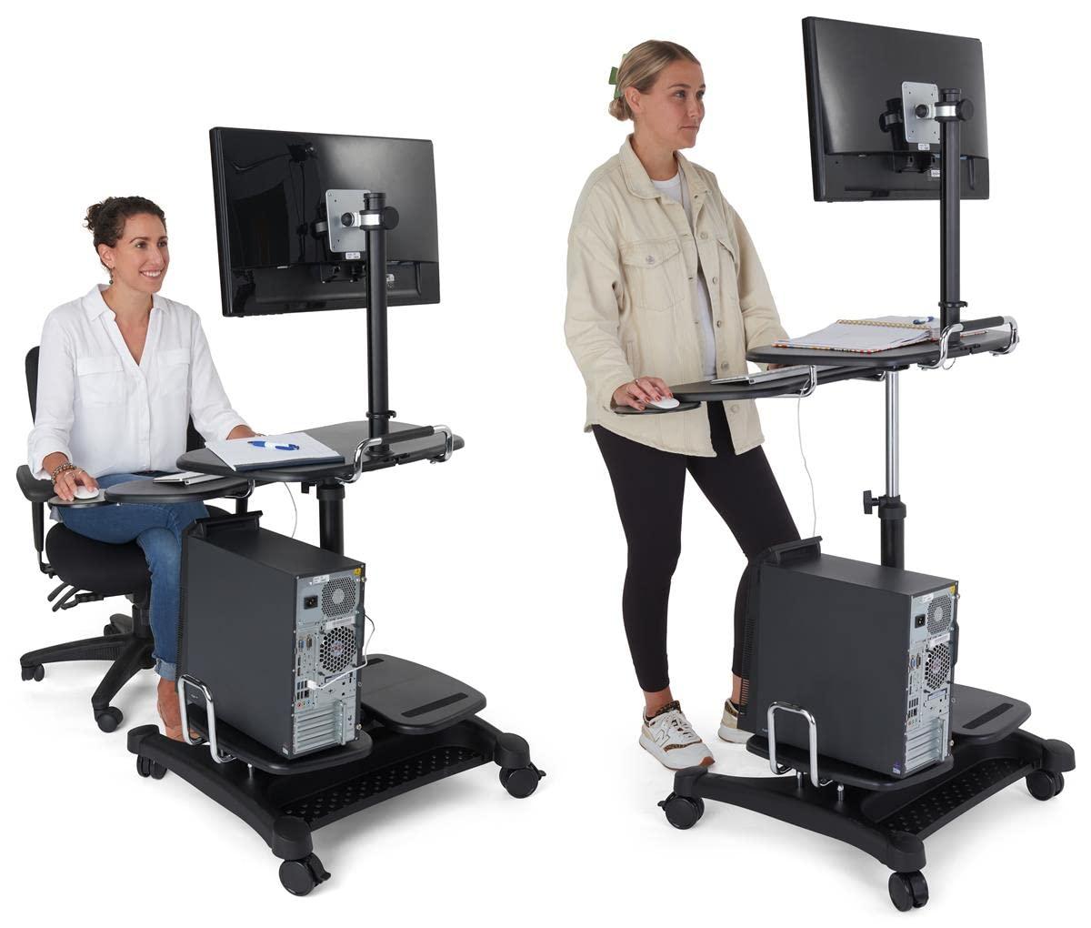 Adjustable Black Aluminum Standing Desk with Cup Holder and Keyboard Tray
