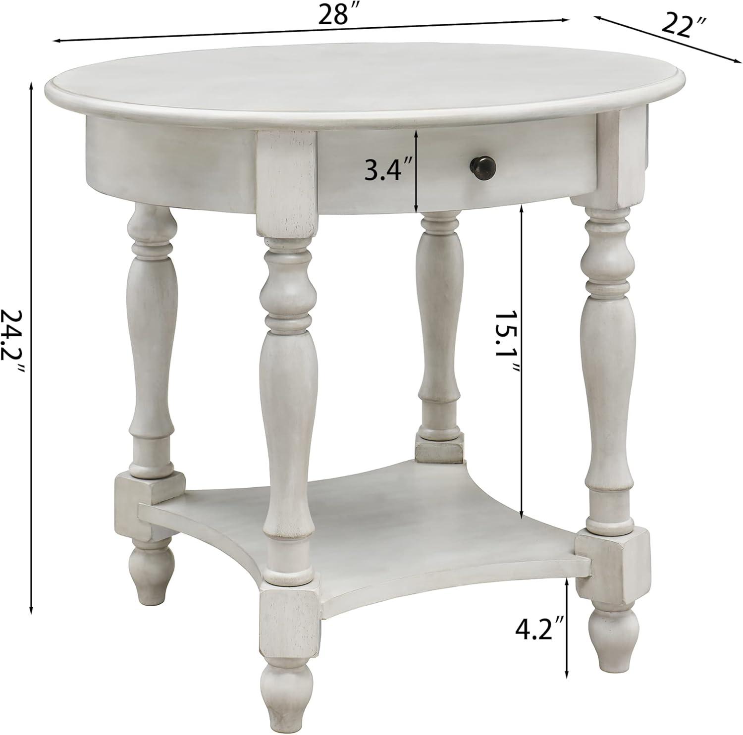 Solid Wood Oval End Table Sofa Table with Drawer and Storage Shelf Antique White - End Table