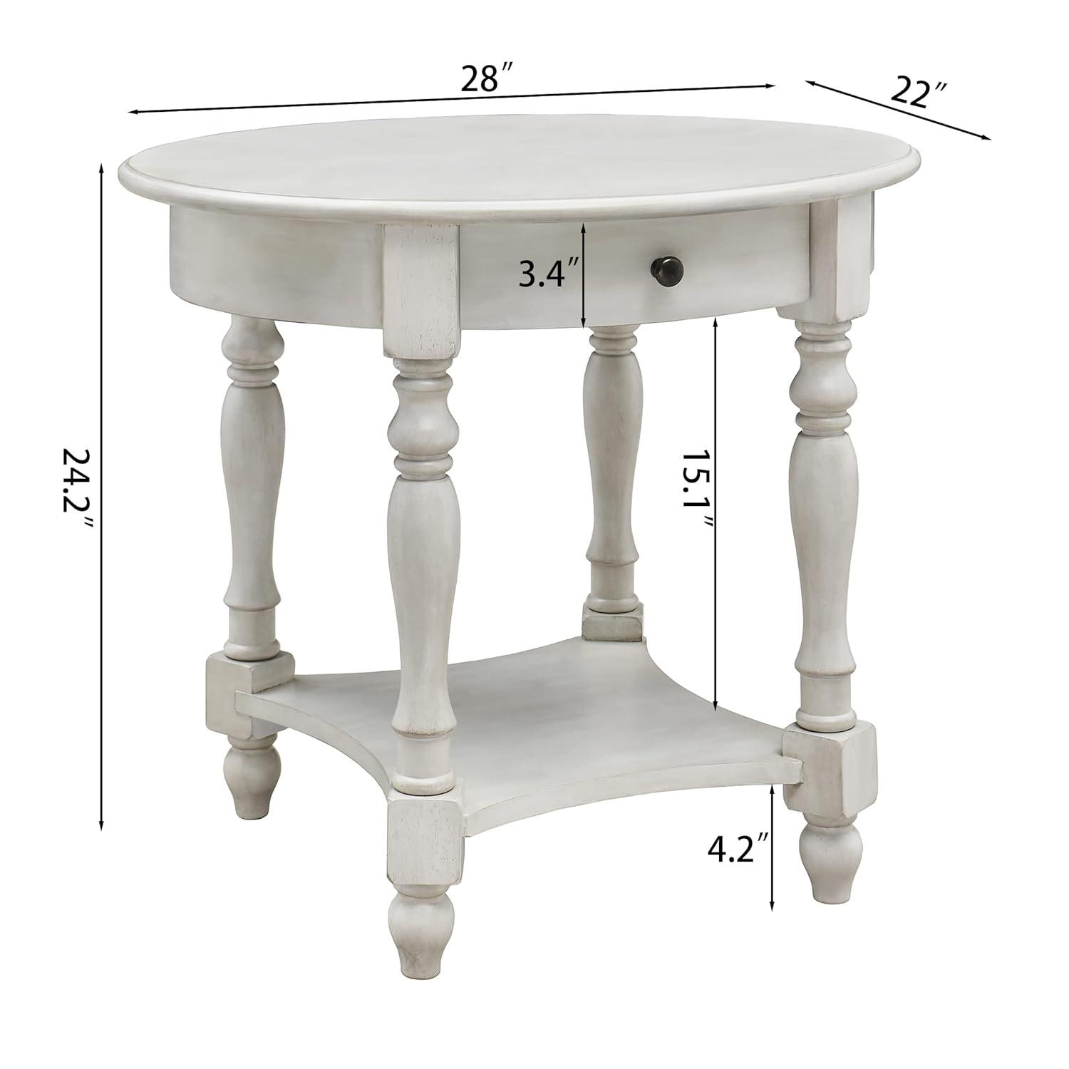 Solid Wood Oval End Table Sofa Table with Drawer and Storage Shelf Antique White - End Table