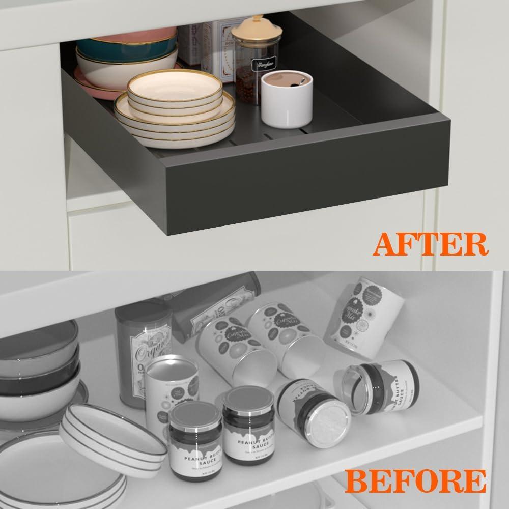 Pull Out Cabinet Organizer, Carbon Steel Cabinet Drawers Slide Out, Pantry Storage Shelves with Nano Adhesive Strip for Kitchen, Bathroom and Living Room 10.3" W X 17.0" D X 2.8H Grey
