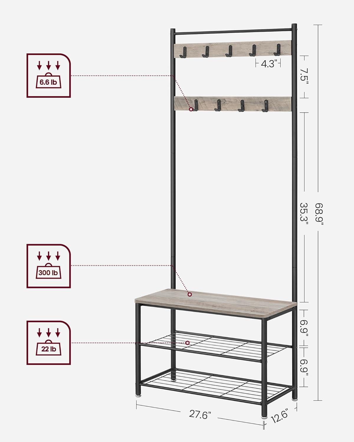 VASAGLE Coat Rack Hall Tree with Shoe Storage Bench Entryway Bench with Shoe Storage for Entryway Greige and Black