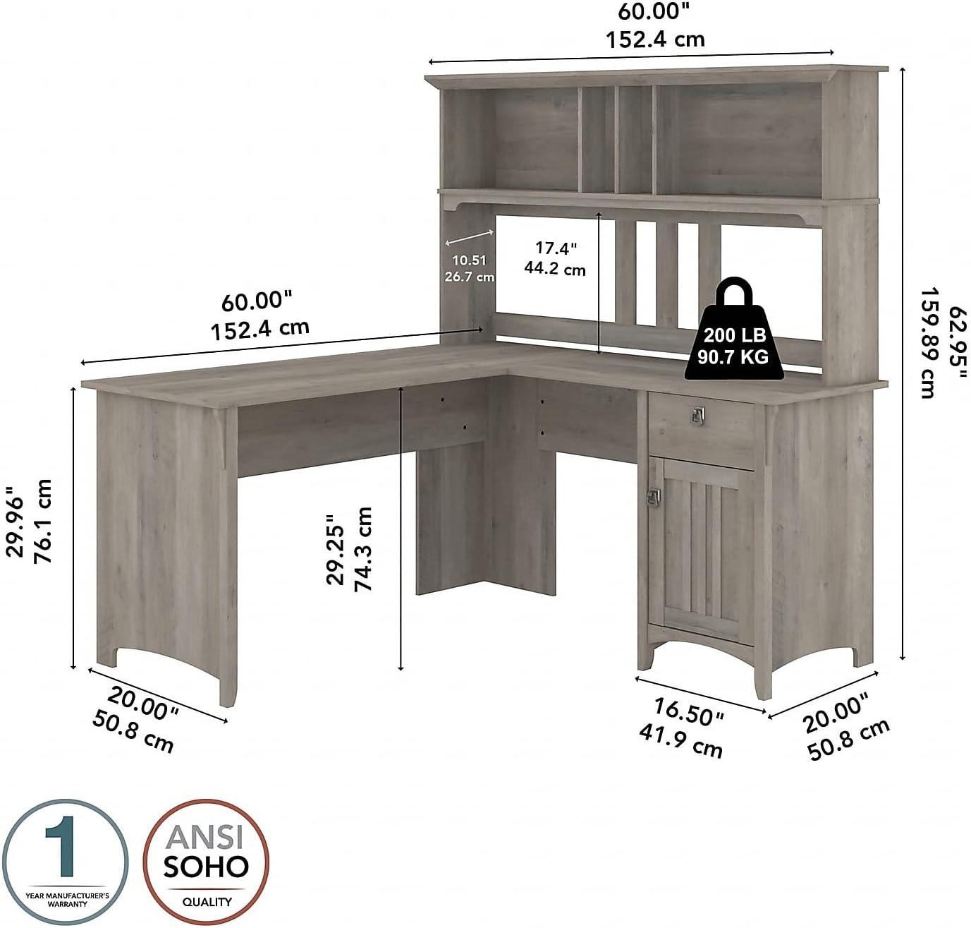 Bush Furniture Salinas 60" L Desk and Hutch with Storage, Driftwood Gray