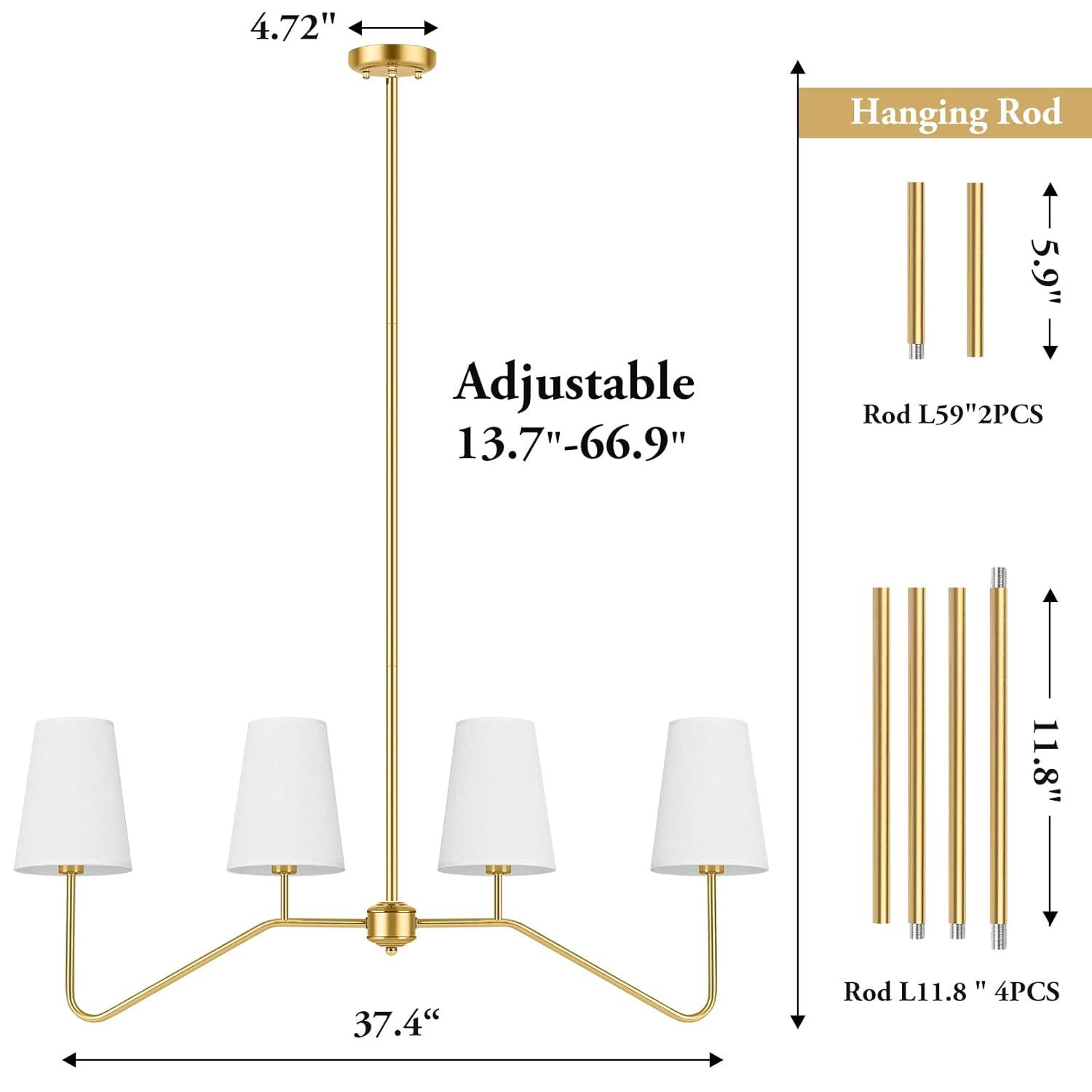 Brightever 4-Light Gold Linear Chandelier, Kicthen Island Light Fixture for Dining Room Over Table, Modern Pendant Lighting with White Fabric Shades for Pool Table, E12 Base (Bulb not Included)