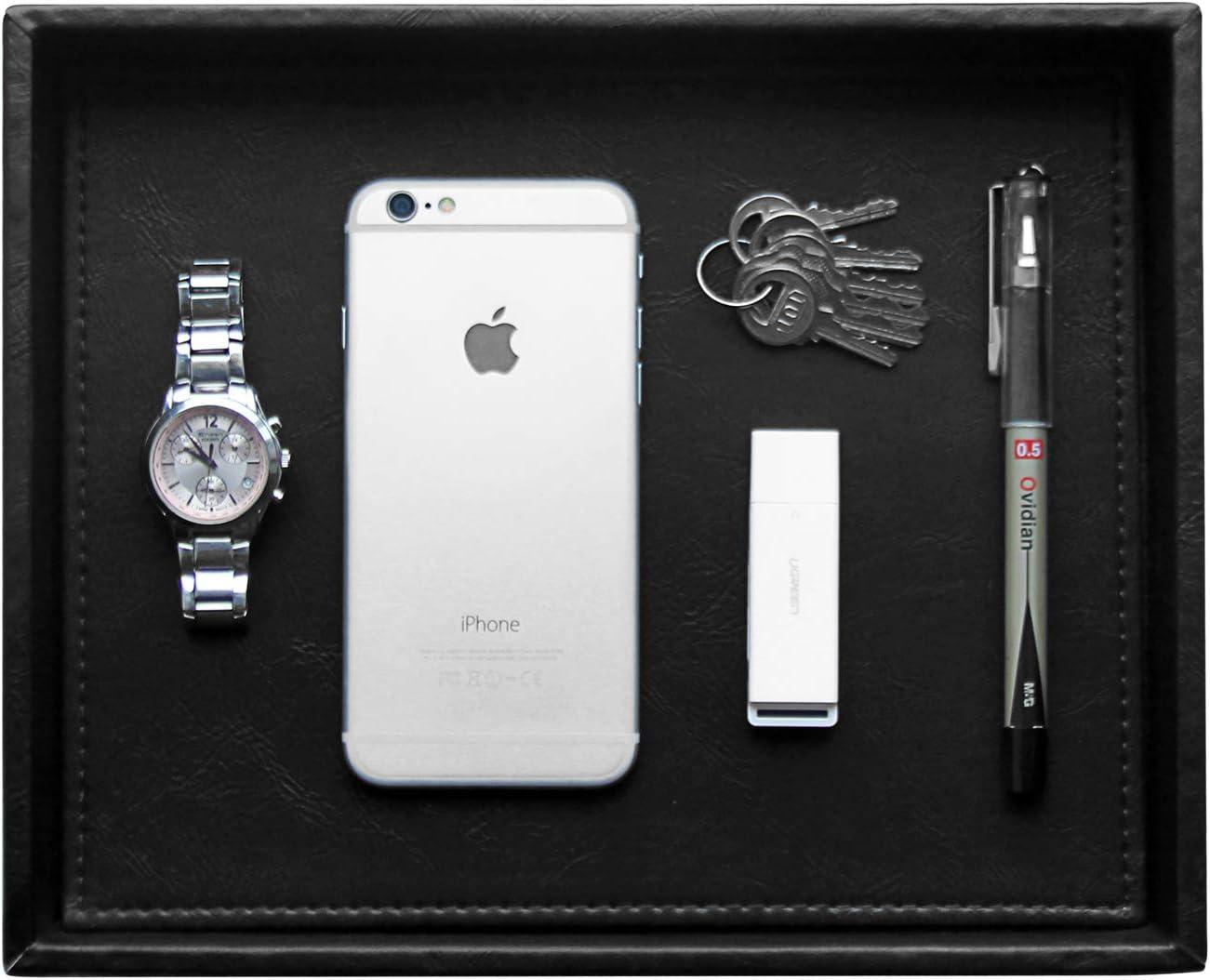 HofferRuffer PU Leather Catchall Tray, Jewelry Tray, Desktop Storage Organizer, Valet Tray, Leather Tray for Nightstand or Dreeser Organizer, Black, 10.2 x 8.4 x 1.8 inches