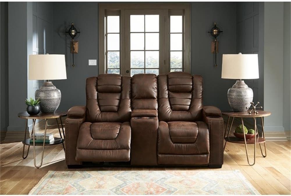 Ashley Furniture Owner's Box Faux Leather Power Reclining Loveseat in Dark Brown