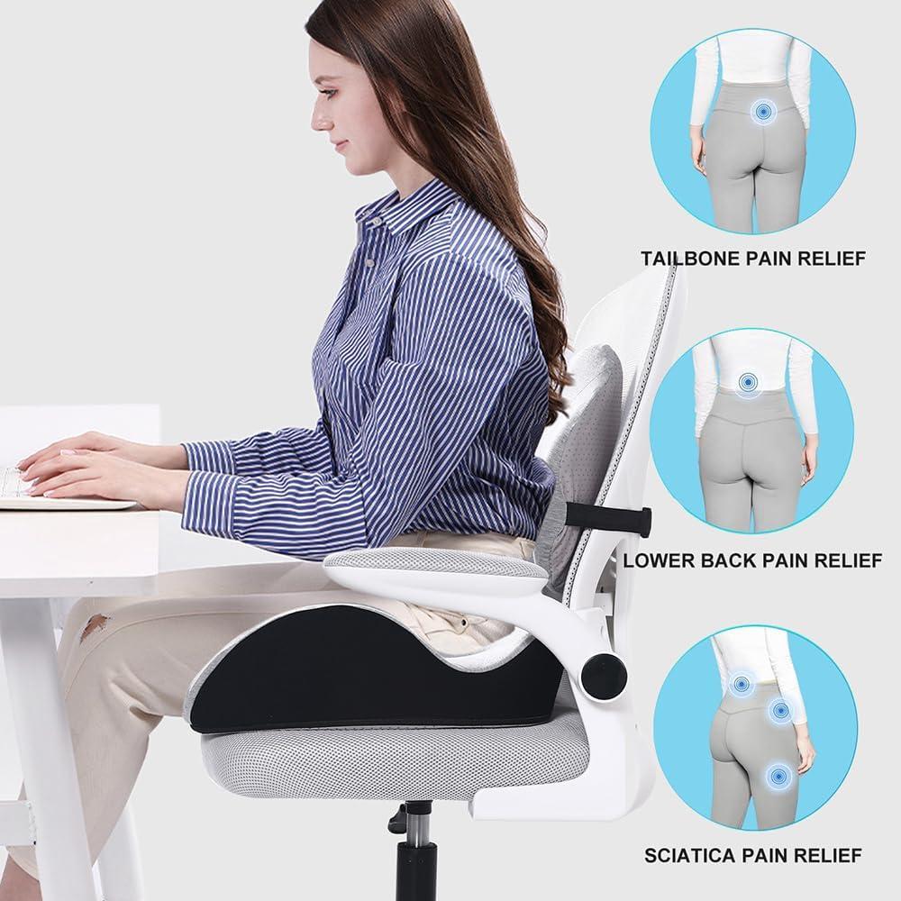 X Large Memory Foam Seat Cushion Lumbar Support Pillow for Sciatica & Tailbone Pressure Relief Coccyx Pad for Office Chair, Car,Wheelchair,Home,Office