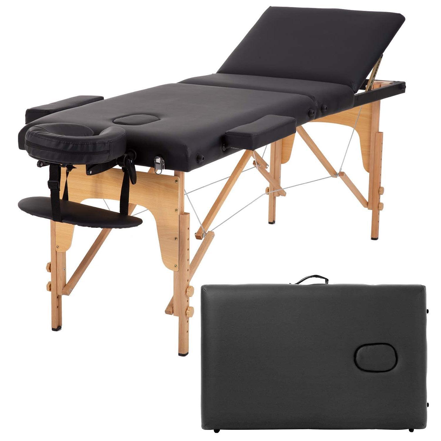 FDW Massage Table Massage Bed 3 Fold Portable  Height Adjustable Lightweight Spa Table Facial Cradle Bed with Carry Case (Black)
