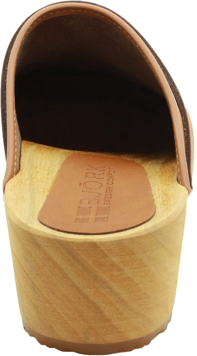 Cognac Genuine Leather Women's Casual Clogs with Wood Outsole