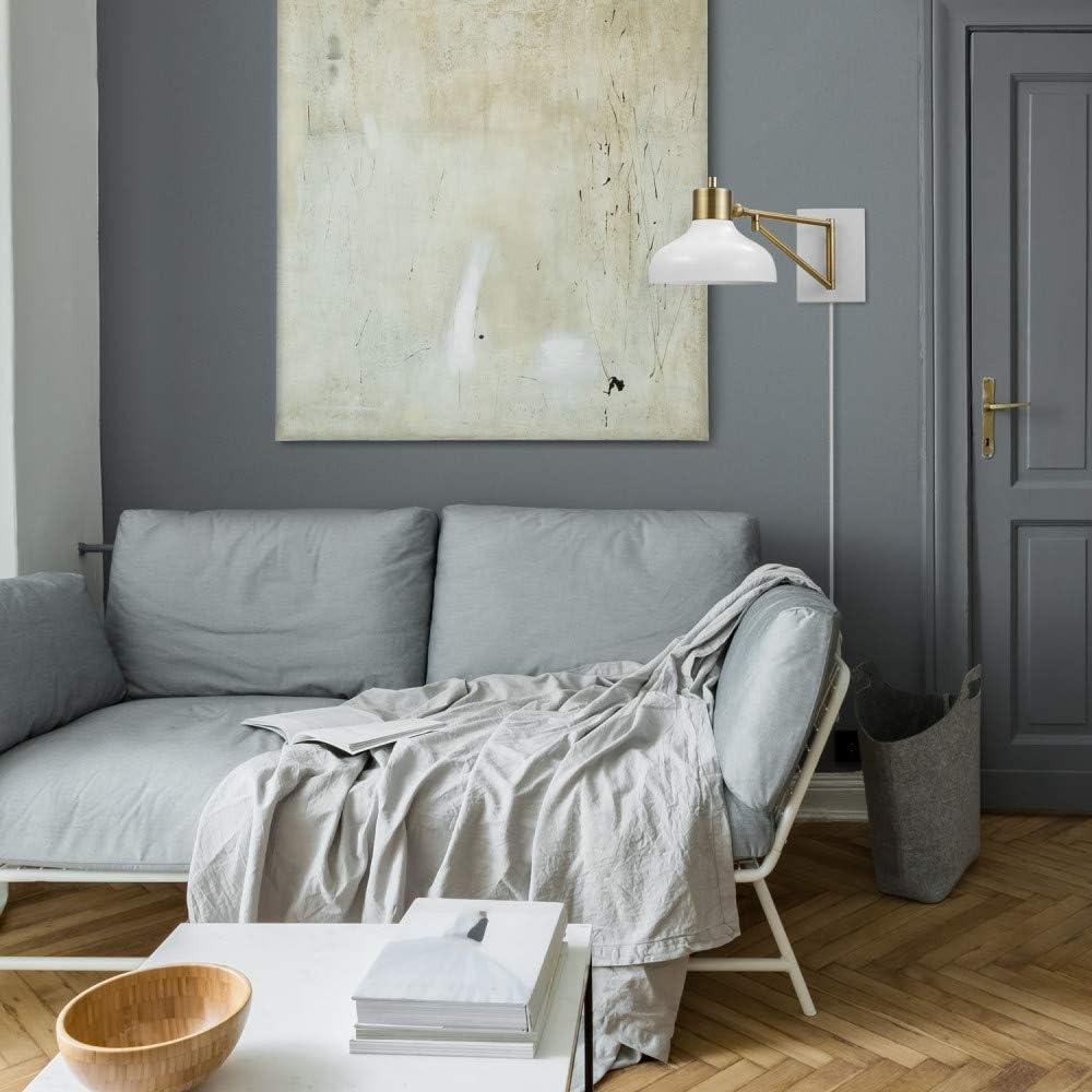 Globe Electric Berkeley 1-Light White and Brass Plug-in or Hardwire Swing Arm Indoor Wall Sconce