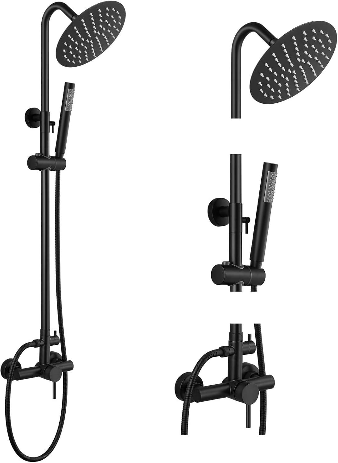 gotonovo SUS304 Outdoor Shower Fixture High Pressure Shower System Wall Mount 2 Dual Function Single Handle Shower Kit with 8 Inch Shower Head and Handheld Spray Shower Faucet Combo, Matte Black