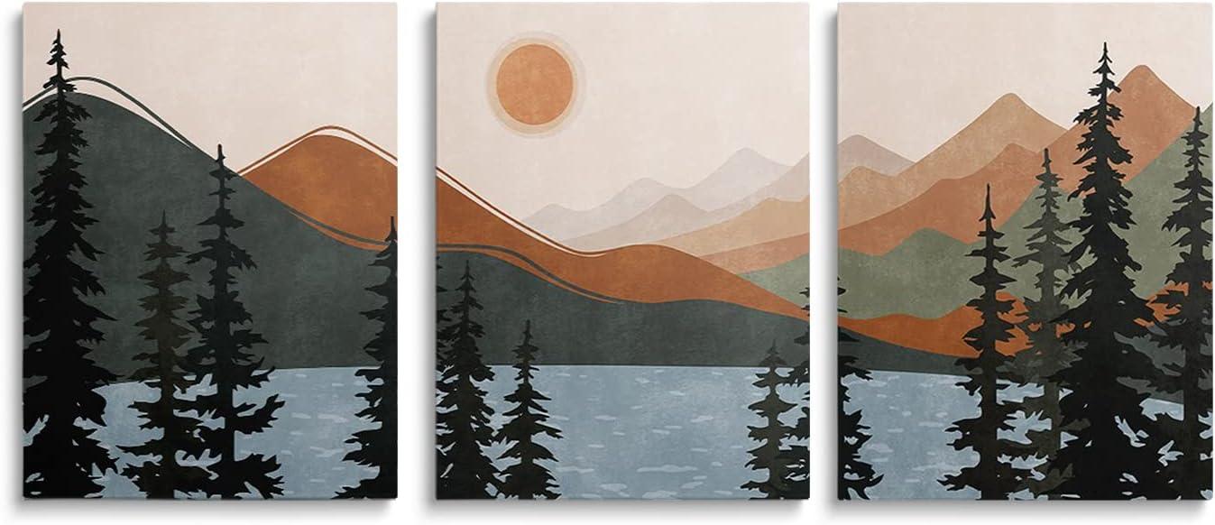Boho Wall Art, Mid Century Modern Wall Art, Set of 3 Framed Canvas Wall Art Prints 12"x16" Abstract Geometric Neutral Sage Green Boho Artwork Wall Decor for Bedroom Living Room Bathroom