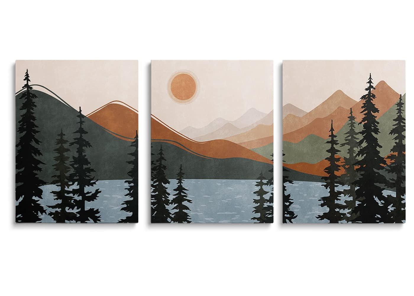 Boho Wall Art, Mid Century Modern Wall Art, Set of 3 Framed Canvas Wall Art Prints 12"x16" Abstract Geometric Neutral Sage Green Boho Artwork Wall Decor for Bedroom Living Room Bathroom