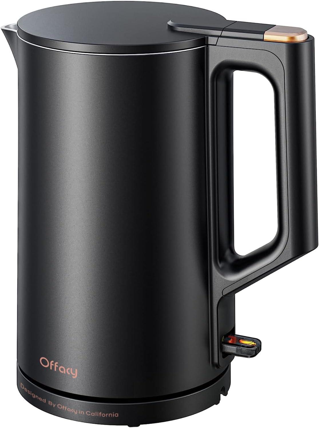 Offacy Electric Kettle, 304 Stainless Steel Interior, BPA-Free, Double Wall 1.5L Hot Water Boiler, 1500W Tea Kettle with Auto Shut-Off & Boil Dry Protection, Cordless Base & LED Indicator