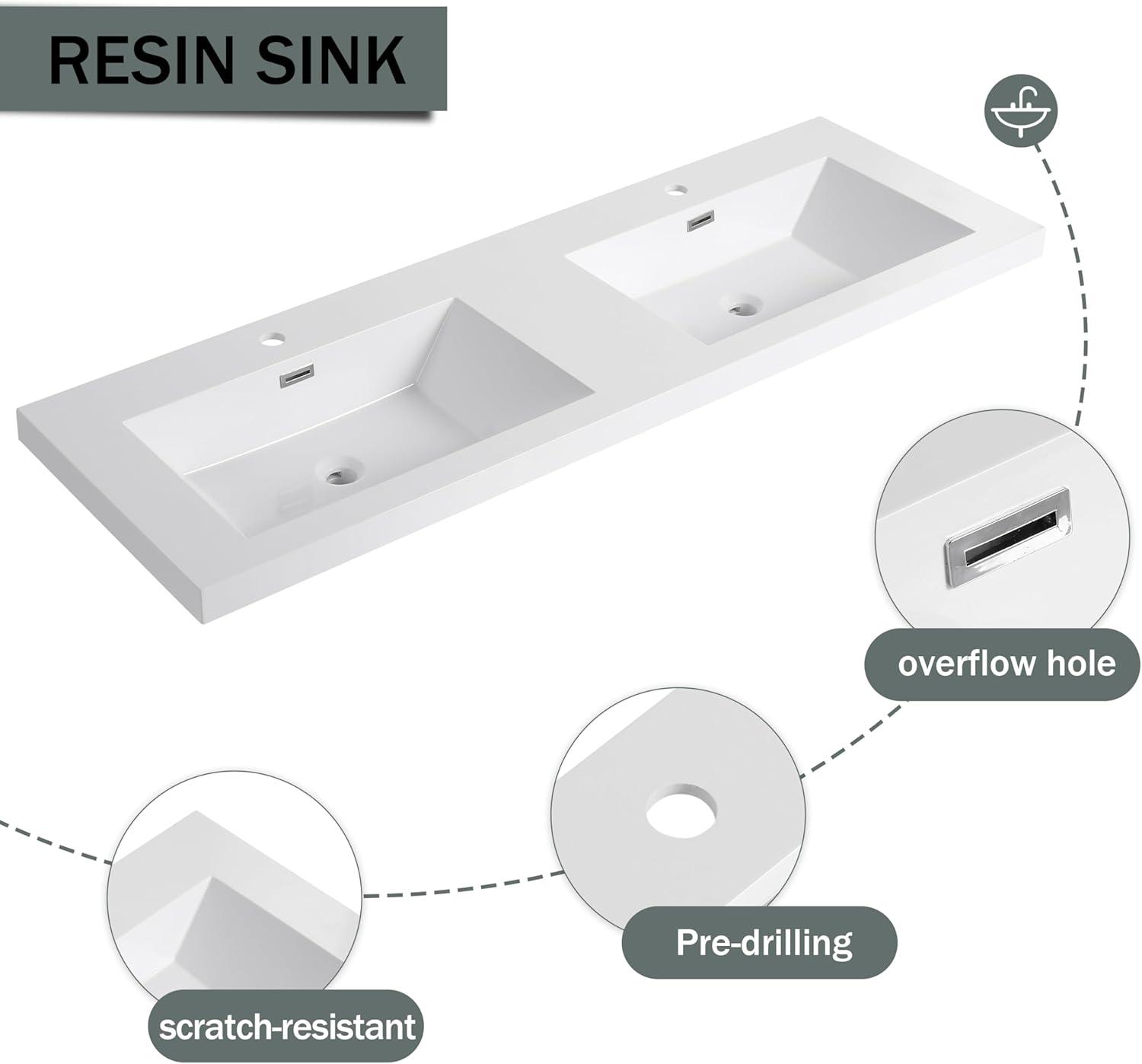 SSLine 60" Bathroom Vanity with Double Sink Mid-Century Modern Bathroom Sink Cabinet Freestanding Bathroom Vanities with Double White Top Basin and Adjustable Storage Shelves, Natural Brown Stripe