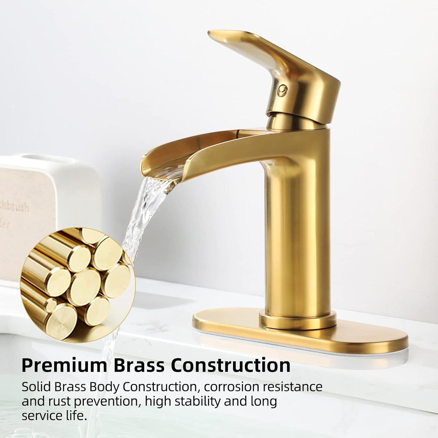 Brushed Gold Brass Waterfall Spout Single-Handle Bathroom Faucet