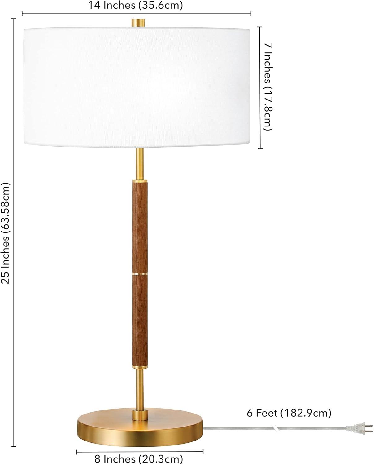 Henn&Hart 14" Rustic Oak/Brass Finish Metal/Fabric Table Lamp