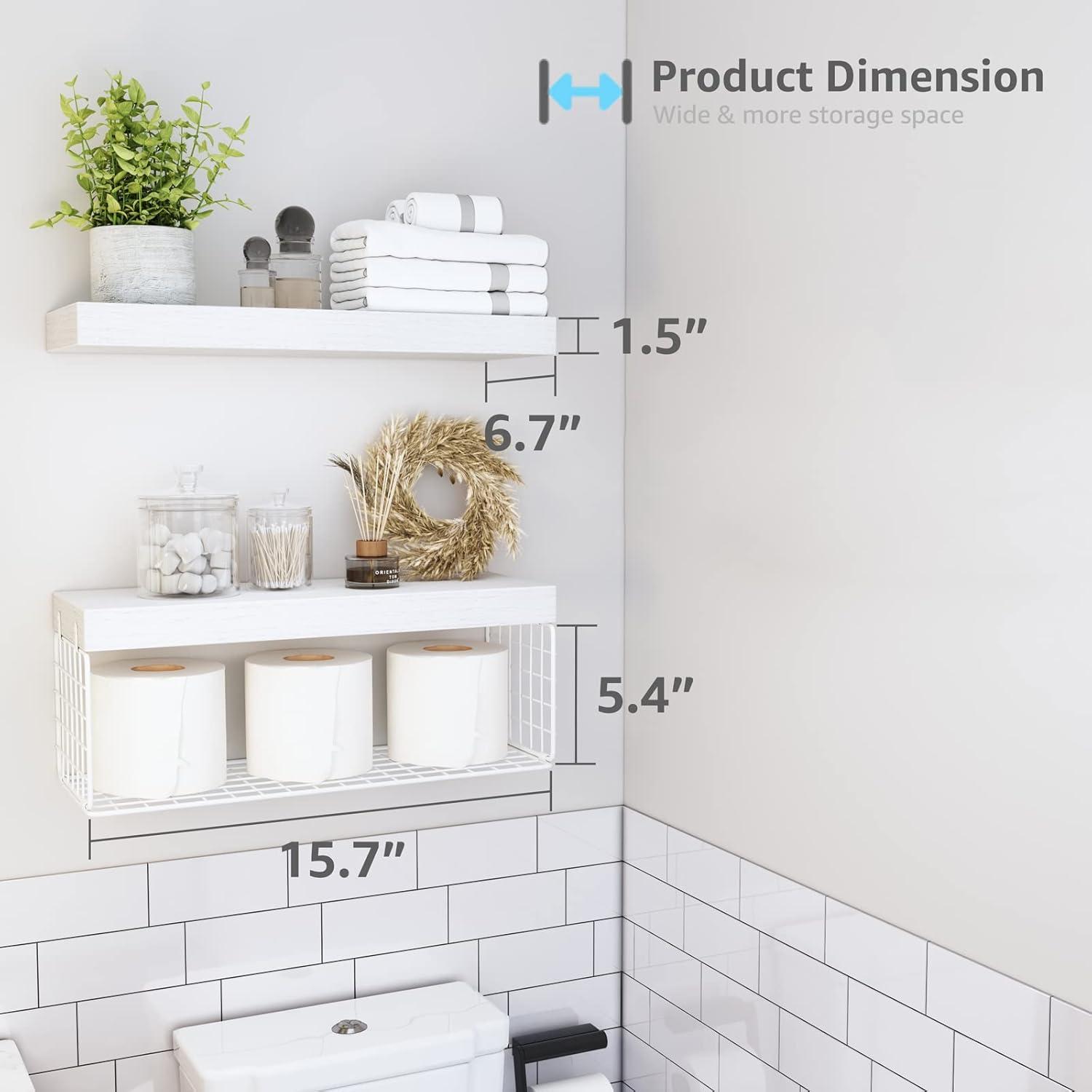 White MDF Floating Wall Shelves with Steel Brackets, Set of 2