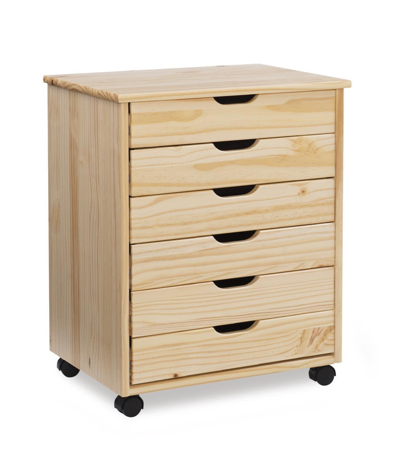 Cary Transitional 6 Drawer Solid Wood Contoured Handle Cut Out Wide Roll Cart Natural - Linon: Pine Frame, Farmhouse Style