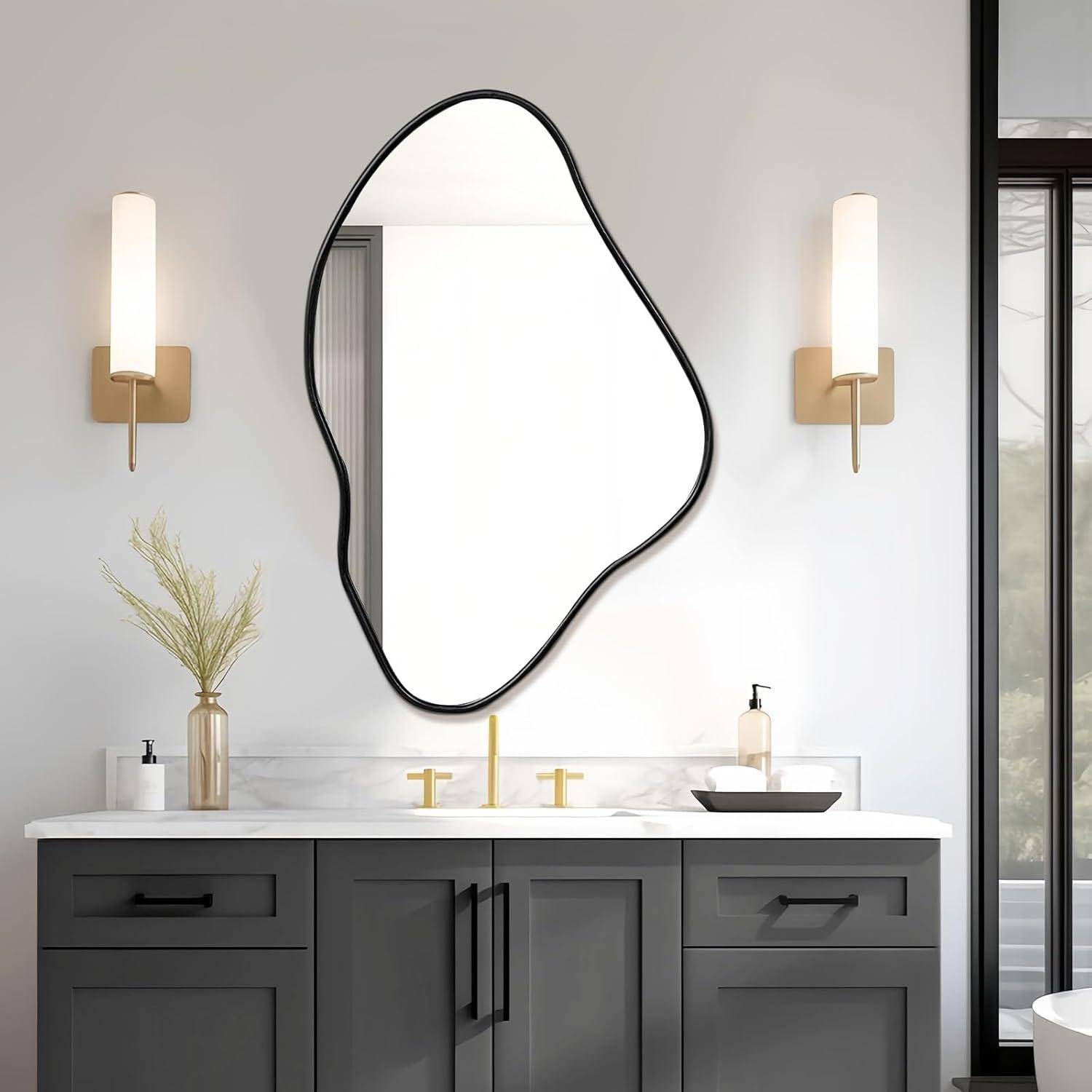 Funtouch Irregular Wall Mirrors 24"x 36" Cloud Shaped Mirrors for Bathroom, Aluminum Alloy Frame Black