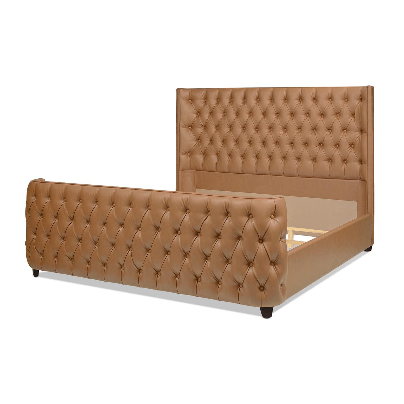 Grand Caramel Tan King Bed with Tufted Faux Leather Headboard