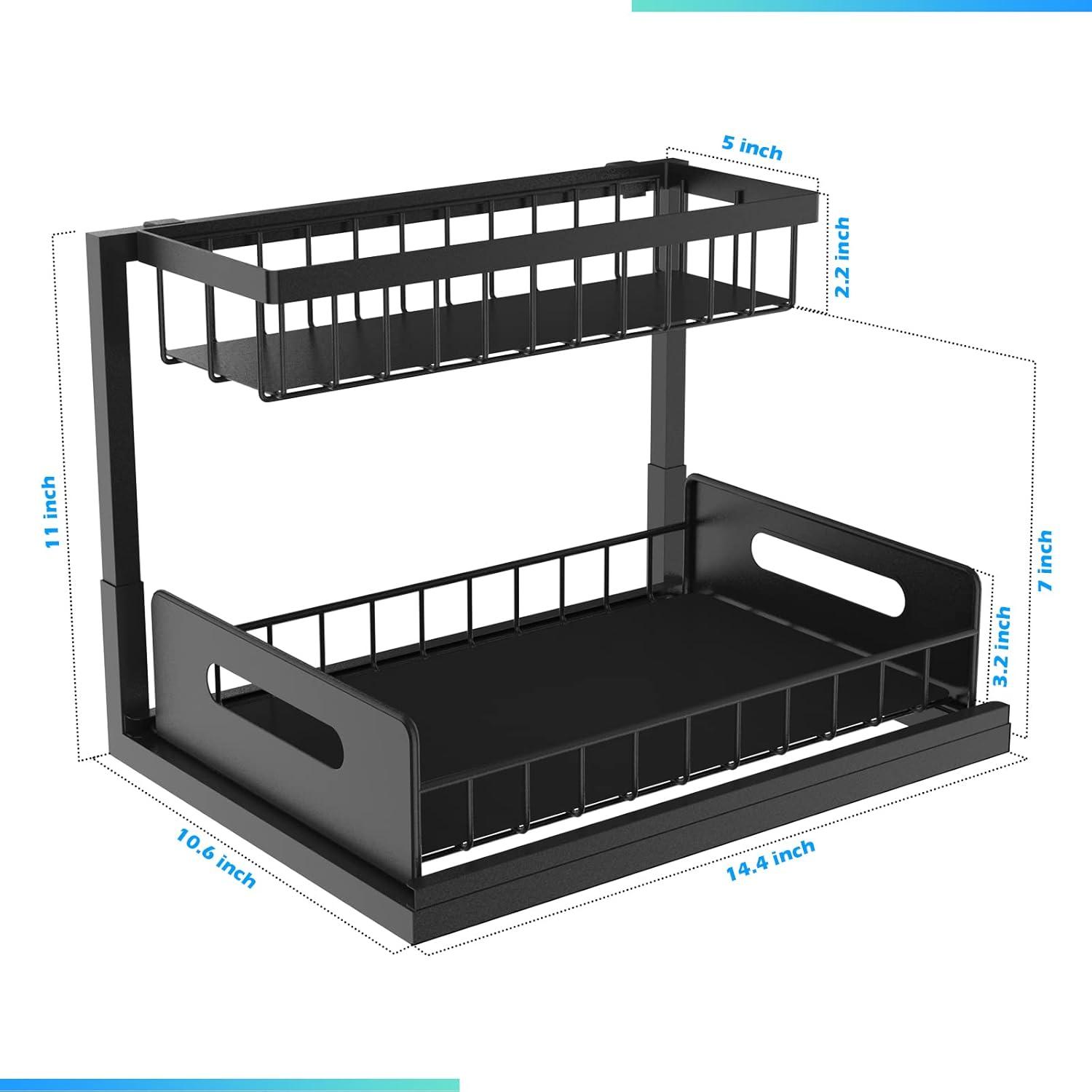 Under Sink Organizers and Storage, 2 Pack Pull Out Kitchen Bathroom Cabinet Organizer, 2 Tier Black Under Sink Storage for Bathroom Kitchen, Under Counter Storage Organizer with 8 Hooks