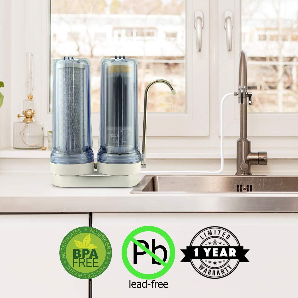 APEX EXPRT MR-2050 Dual Countertop Water Filter - Carbon and Mineral pH Alkaline, Easy Install Faucet - Reduces Heavy Metals, Bad Taste and Up to 99% of Chlorine (White)