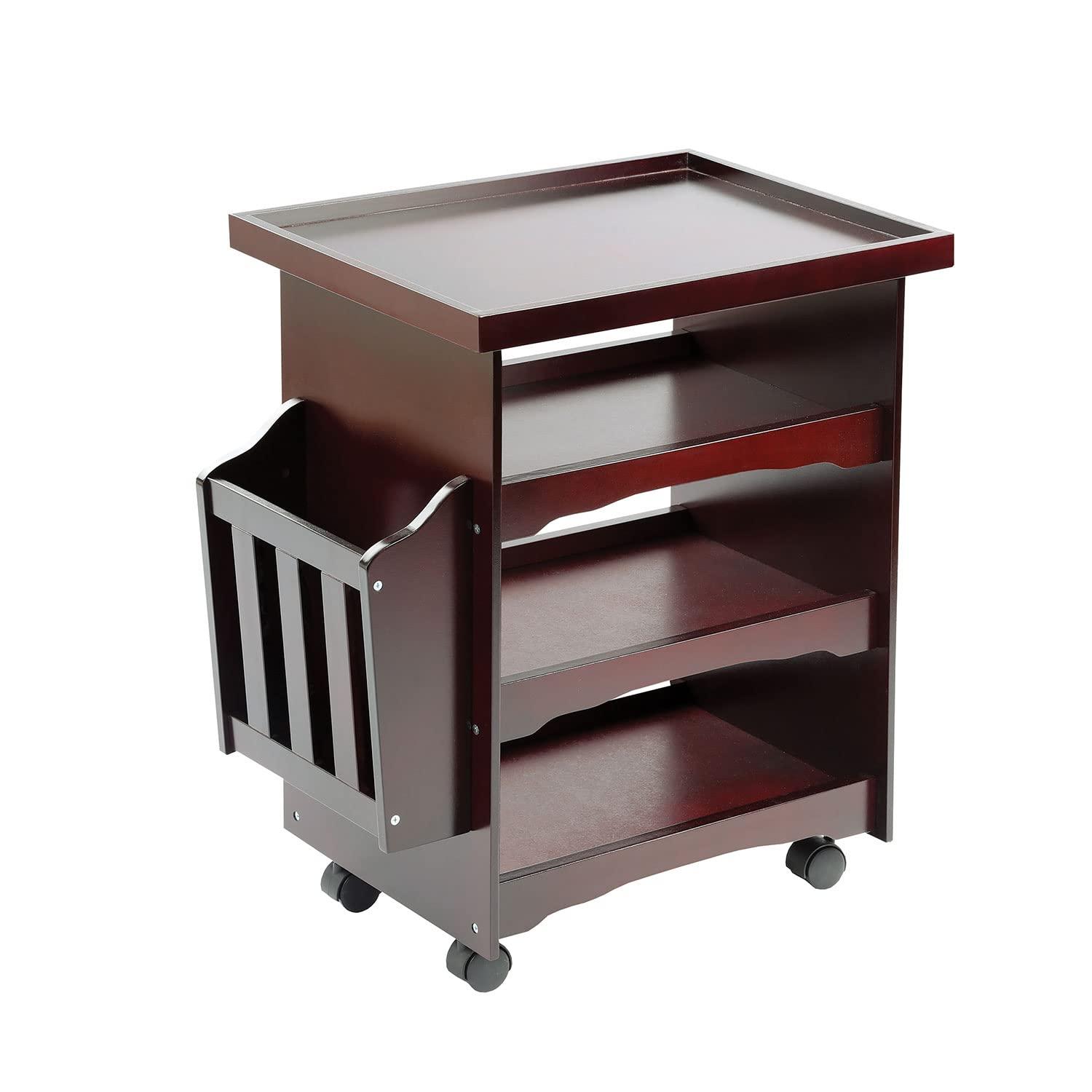 ETNA Rolling Bar Cart Multipurpose End Table with Wheels Narrow Side Table with Magazine Rack, Mahogany Wood Finish, 24" H x 21" L x 14" W