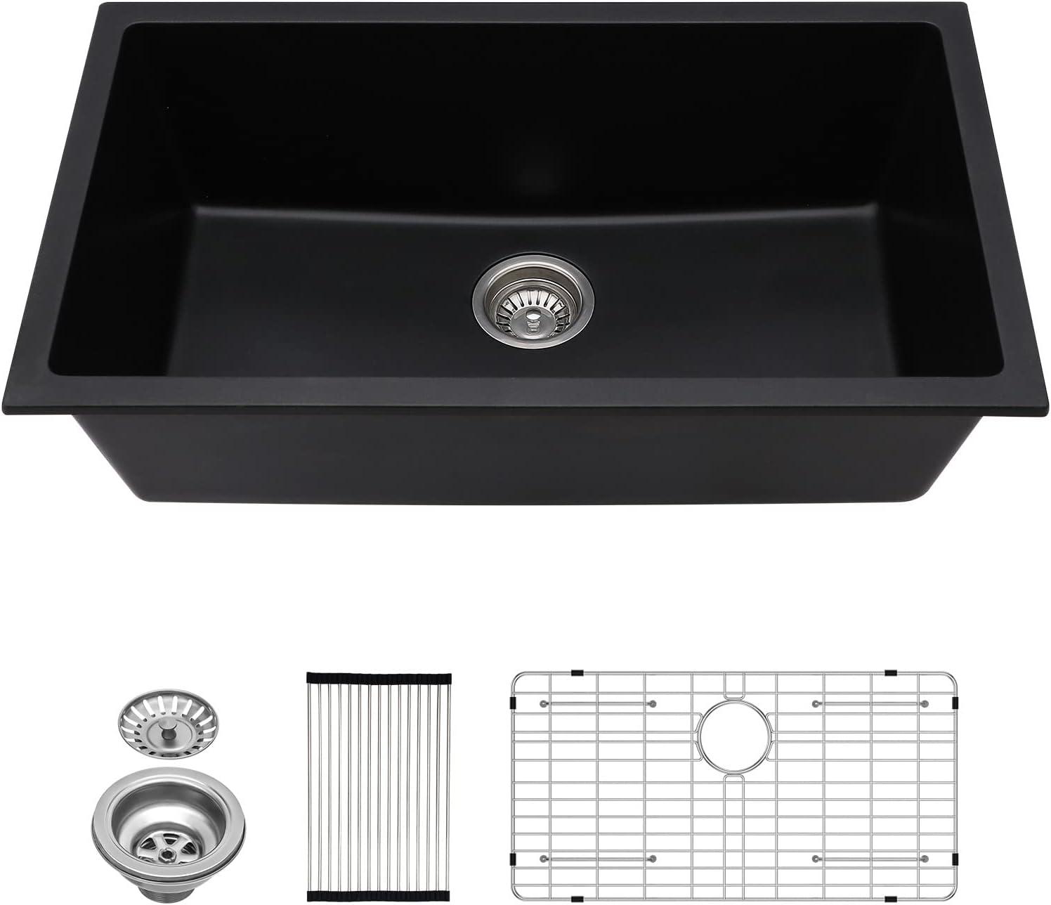 Davivy 33 Inch Black Granite Composite Kitchen Sink Workstation, 33 X 22 Quartz Composite Dual Mount Sink, Matte Black Composite Single Bowl Sink
