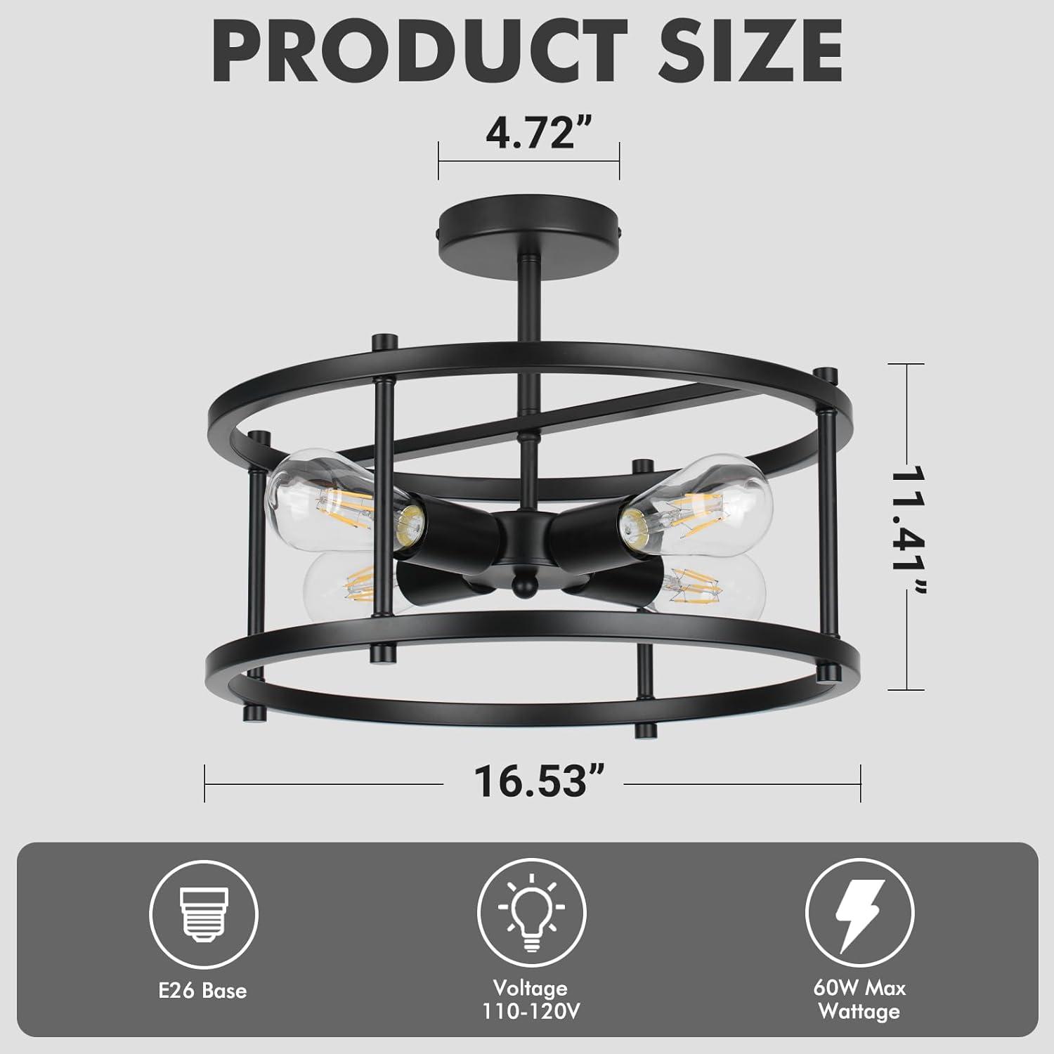 16.54'' Matte Black Metal Drum Semi-Flush Mount Ceiling Light