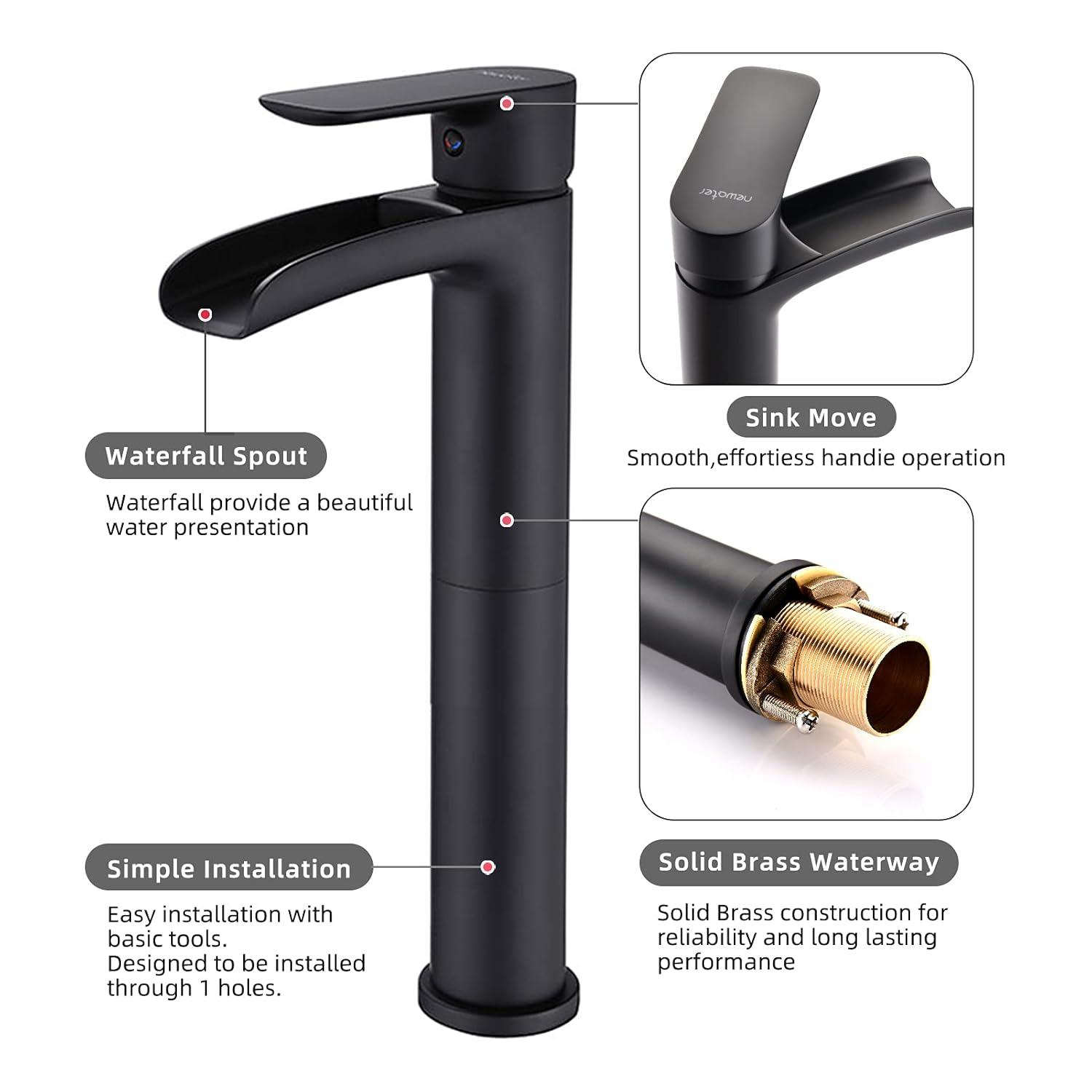NEWATER Matte Black Tall Bathroom Vessel Sink Faucet, Single Hole Single Handle Waterfall Modern Bathroom Faucet, Vanity Faucet with Water Supply Line