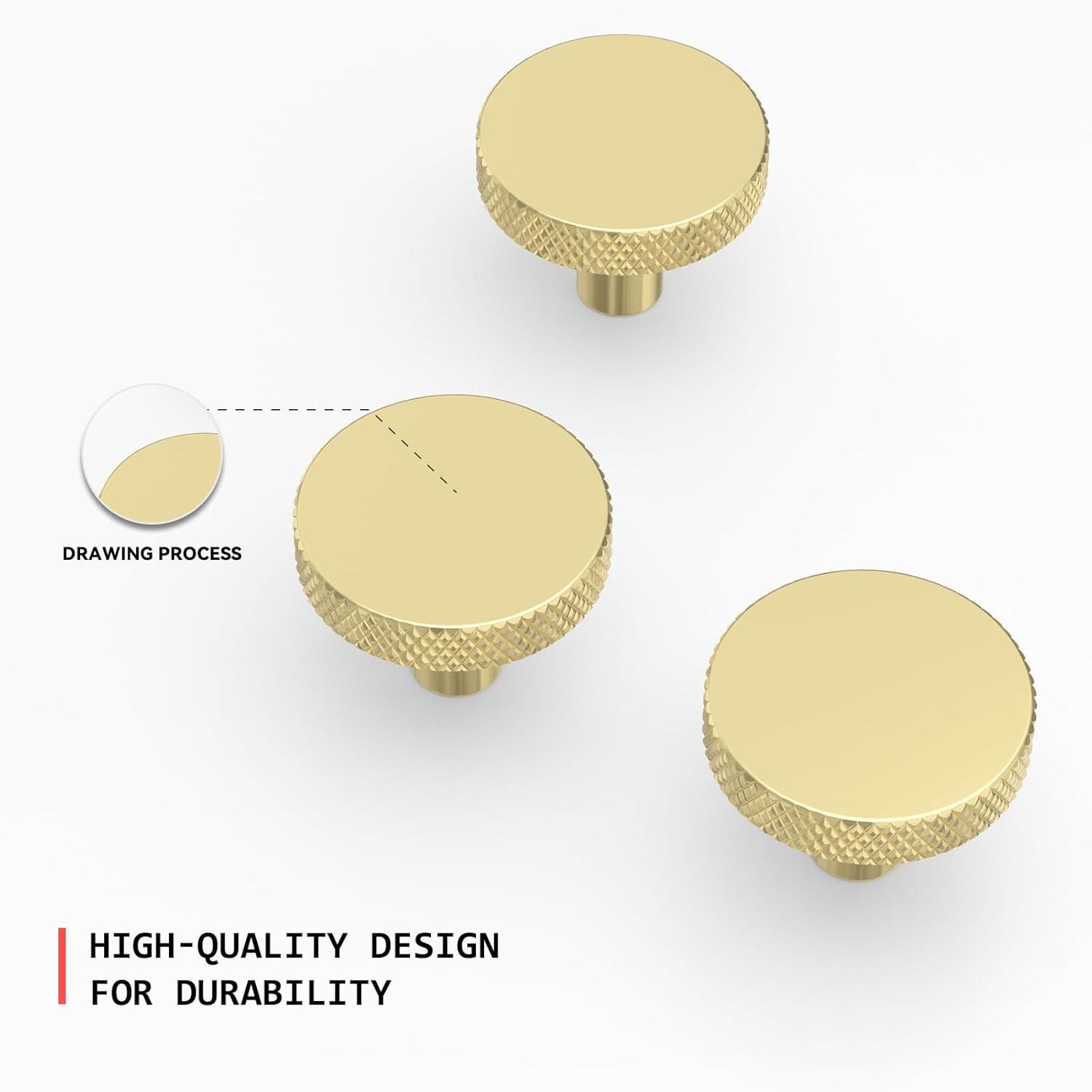 Brushed Brass Round Knurled Cabinet Knob Set