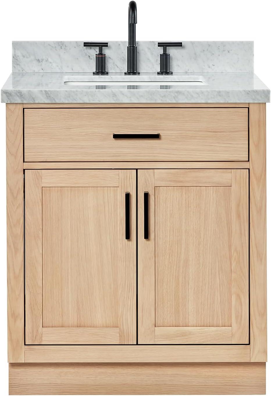 Ariel Hepburn 31 Inch Bathroom Vanity With Italian Carrara Marble Countertop 1.5 inch Edge In Oak