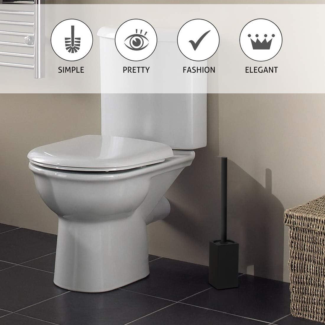 Stainless Steel Toilet Brush & Holder,Wall-Mounted, long handle,Square Toilet Brush Set,Heavy Duty Cleaner for Bathroom, with Removable Plastic Brush (Black)