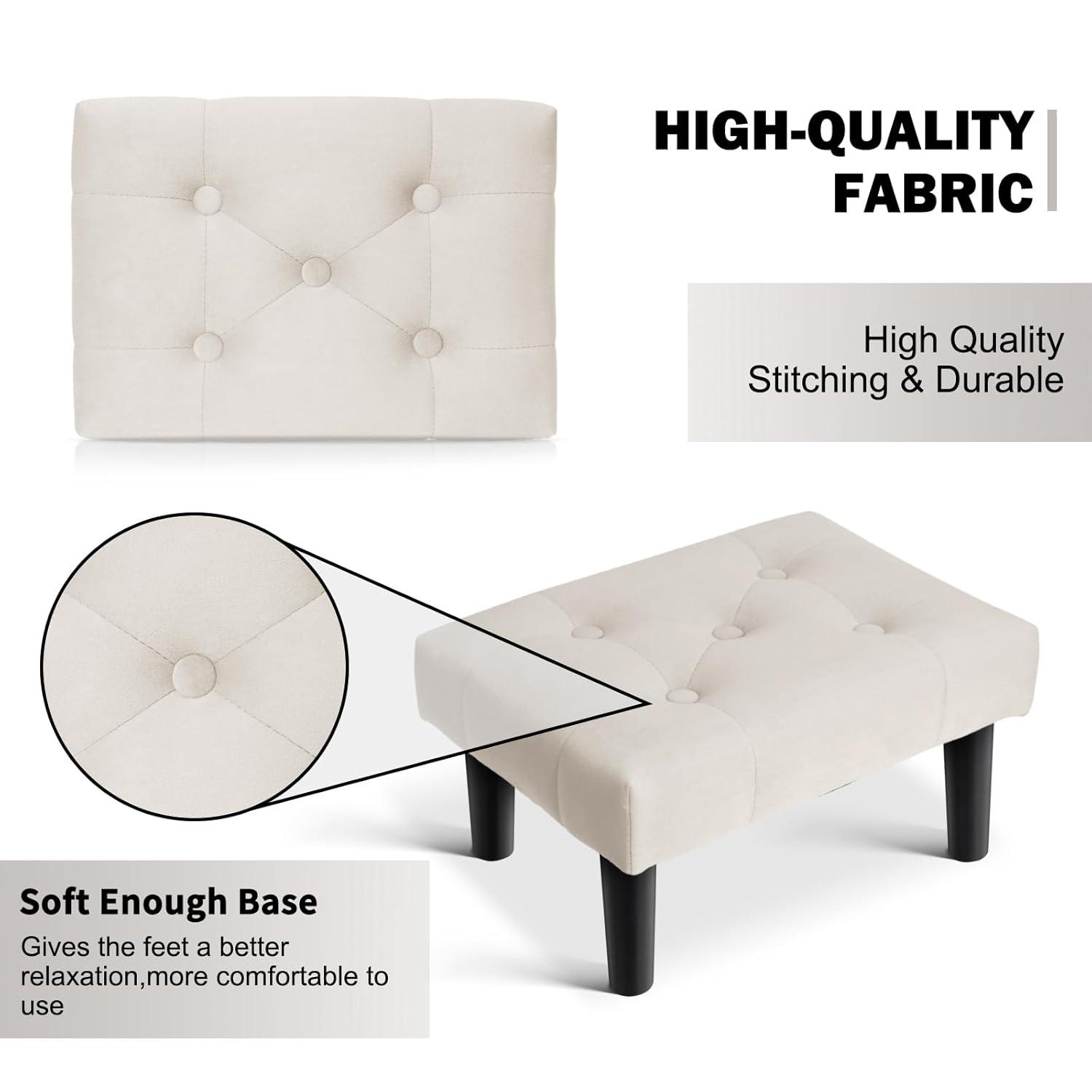 HOUCHICS Small Footstool Ottoman,Velvet Soft Footrest Ottoman with Wood Legs,Sofa Footrest Extra Seating for Living Room Entryway Office(White 1PACK)