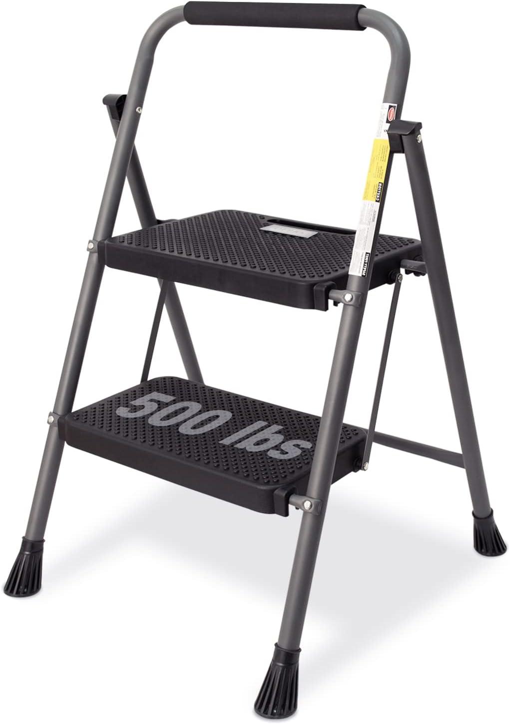 Gray Foldable Steel 2-Step Ladder with Anti-Slip Pedal