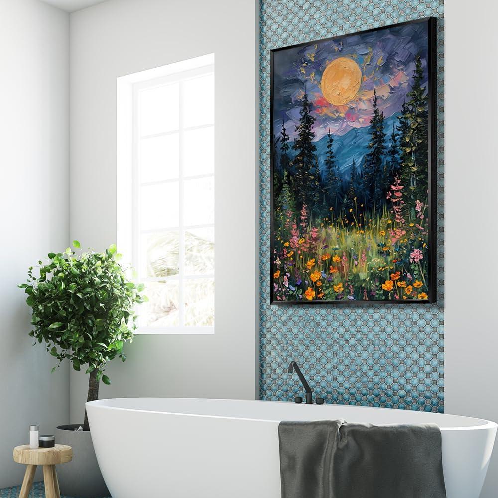 SFAOHPR Mystical Moon and Wildflowers Canvas Wall art Nature Flowers Oil Painting posters for room aesthetic Room Aesthetics Posters for Bedroom living room Home Decor ﻿12x16inch Unframed