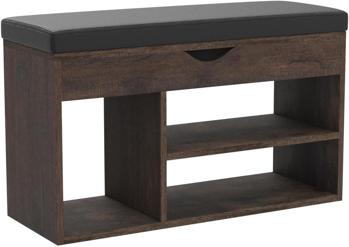 Apicizon 31 Inches Storage Bench, Shoe Bench with Flip Top Storage Space and Padded Cushion, Wooden Entryway Bench for Entryway, Living Room, 2-Tier Shoe Rack Organizer, Brown