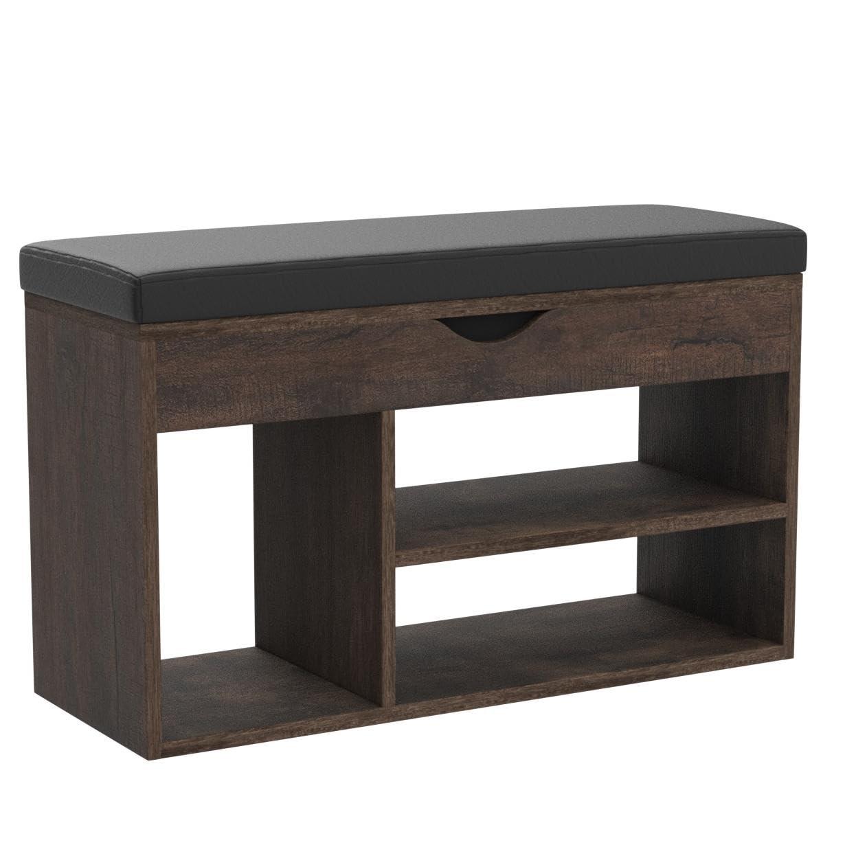 Apicizon 31 Inches Storage Bench, Shoe Bench with Flip Top Storage Space and Padded Cushion, Wooden Entryway Bench for Entryway, Living Room, 2-Tier Shoe Rack Organizer, Brown