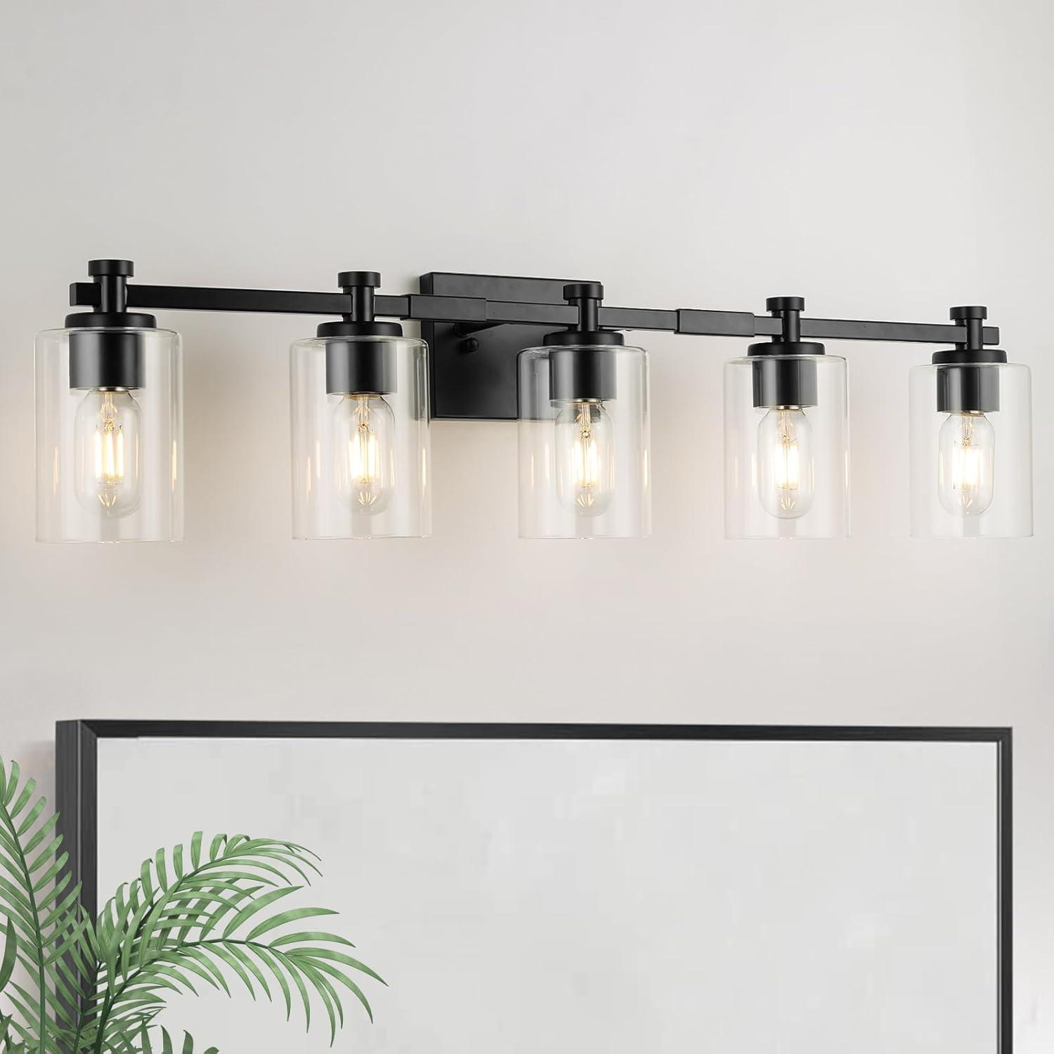 Matte Black 5-Light Bathroom Vanity Fixture with Glass Shades